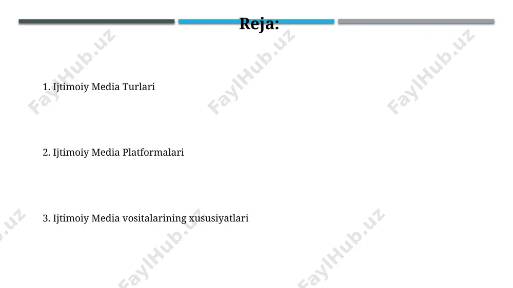 borish uchun 100 millionlab foydalanuvchilar tomonidan faol ravishda ishlatiladigan online platformalardir. forumlarda 5000 dan ortiq foydalanuvchilar o'z fikrlarini, savollarini va tajribalarini baham ko'rish imkoniyatiga ega bo'lib, jamoaviy muhitni yaratadilar va mutaxassislar bilan bevosita aloqa o'rnatishga yordam beradi. ijtimoiy media nimalar? ijtimoiy media platformalari foydalanuvchilar o'rtasida ma'lumot almashishni osonlashtiradi, 2023-yil holatiga ko'ra dunyo bo'ylab 4,6 milliarddan ortiq faol foydalanuvchiga ega bo'lgan ulkan tarmoqlarni o'z ichiga oladi. ijtimoiy mediada turli xil kontent turlari, jumladan, matnli xabarlar, rasmlar, videolar, audio fayllar va jonli efirlar mavjud bo'lib, bu foydalanuvchilarga o'zlarini ifoda etish va bog'lanish uchun ko'plab imkoniyatlar yaratadi. messendjerlar va chatlar dunyo bo'ylab 100 dan ortiq turli xil messenger va chat ilovalari mavjud bo'lib, ularning har biri o'ziga xos xususiyatlari va foydalanuvchi bazasi bilan ajralib turadi. messengerlar va chatlar, o'rtacha foydalanuvchi kuniga 2-3 soat vaqt sarflaydigan, milliardlab odamlar uchun muhim aloqa vositasidir, bu esa ulkan ma'lumotlar oqimini yaratadi. podkastlar va audio platformalar podkastlar tinglovchilar …