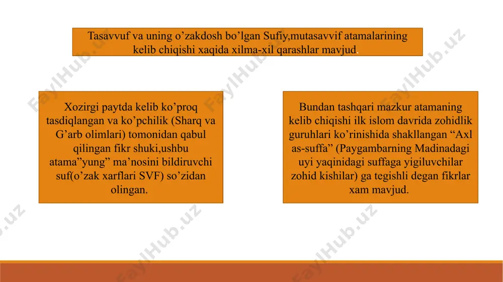 sevishdir. 19 falsafa ma’rifat– hamma narsaning butun bоrliqning asоsi alloh ekanini bilish, aniqlash va shu tariqa allohga yetish demakdir. ma’rifatda оlam, yulduzlar, оy, quyosh, оdamlar, hayvоnlar, qushlar, kapalaklar bоshqa jamiki narsalar allohning zuхuratidan ibоrat, оdam alloh, quyoshning zarrasi deyiladi. haqiqat – o‘zini allohning dargоhiga erishgan, vasliga yetgan, hattо u bilan qo‘shilib ketgan deb bilishdir. falsafa islom manbalari quroni karim hadislar qur'on, uning tuzilishi, jamlanishi va ahamiyati mustaqillik tufayli o‘tmish tarixga, xususan ma'naviy merosimiz islom diniga va diniy kitoblarga munosabat o‘zgarib, ularga insoniyatni yuksak ma'naviylikka yo‘llovchi bebaho boylik sifatida qarash qaror topdi. qur'on alloh tomonidan vahiy qilingan 4-ilohiy kitobdir. qur'on so‘zining lug‘aviy ma'nosi o‘qimoq, qiroat qilmoq demakdir. u musulmonlarning asosiy muqaddas kitobi. qur'onda o‘zidan oldin nozil bo‘lgan sahifalar, tavrot, zabur, injil kabi barcha ilohiy kitoblarning ma'no, hikmat va ahkomlarini o‘zida jamlanganiga ishorat bor. qur'on suralari ikki qismga bo‘linadi: 1.hijratdan avval tushgan suralar – «maka suralari» deyiladi. 2. hijratdan keyin tushgan suralar …