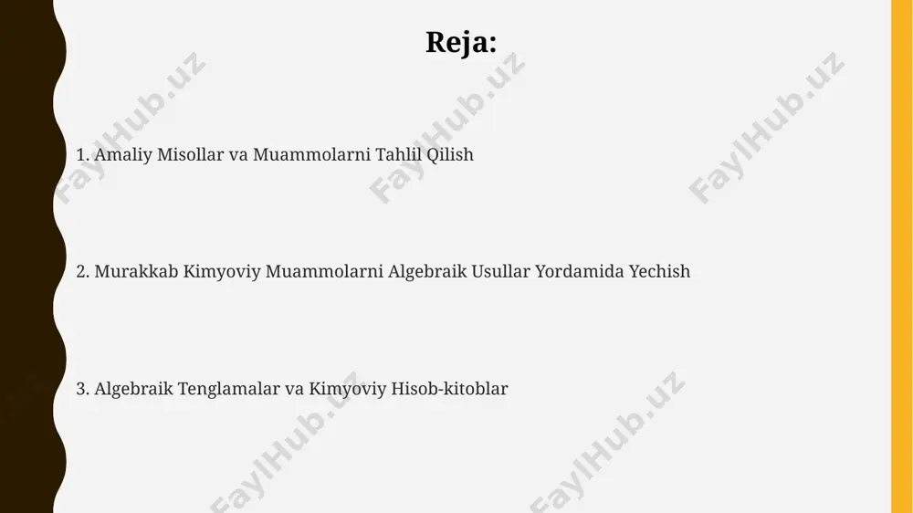 azilgan tadqiqotlar buni tasdiqlaydi. kimyoviy reaksiyalar tenglamalarini tuzuvchi algebraik usullar 5 ta reaksiyada 7 ta modda ishtirok etsa, algebraik yechimlarni topish uchun matritsalar usulini qo‘llash samarqanddagi olimlar tomonidan o‘rganilgan va samarali ekanligi isbotlangan. 10 molli suv bilan reaksiyaga kirishadigan kislota miqdorini aniqlashda, 2 ta noma’lum bilan algebraik tenglama tuzish va uni farg‘ona viloyati kimyogarlari tomonidan ishlatiladigan grafik usul bilan tekshirish mumkin. kimyoviy reaksiyalar tenglamalarini tuzishda 2 ga yaqin elementlar ishtirok etadigan reaksiyalarni algebraik usulda 3 ta noma’lum bilan ifodalash va toshkentdagi kimyo fakulteti talabalari tomonidan qo‘llaniladigan standart usullarni bilish muhim. spektroskopiya va algebraik ma'lumotlar tahlili uv-vis spektroskopiyasi yordamida olingan 20 ta namunaviy spektrlarning ma'lumotlari, eng kichik kvadratlar usuli bilan chiziqli regressiya tahlili orqali qayta ishlanib, 5 ta noma'lum parametr aniqlandi. spektroskopik ma'lumotlarni 3 ta turli to'lqin uzunligi (400 nm, 550 nm va 650 nm) da tahlil qilish orqali, samarqanddagi namunaviy eritmalarning konsentratsiyasi algebraik tenglamalar tizimi yordamida aniqlandi. toshkentdagi laboratoriyada o'tkazilgan …
