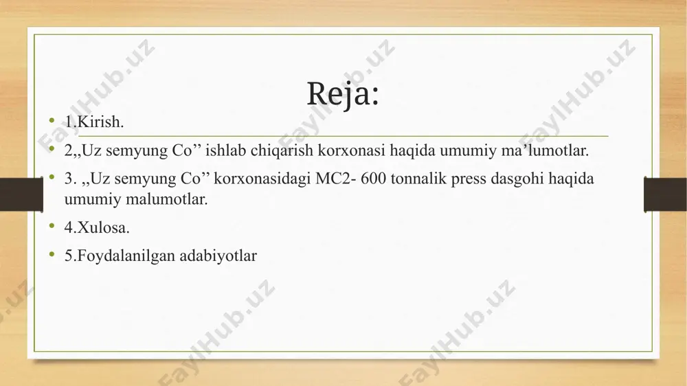 oqlari va ijtimoiy sohaning energiya samaradorligini oshirish, energiya tejovchi texnologiyalarni joriy etish, chora-tadbirlari to‘g‘risida” gi qarori. ishlab chiqarish korxonasi haqida umumiy maʼlumotlar. “uz saemyung co” qo‘shma korxonasi oʻz faoliyatini 1998-yilning 23-may kuni boshlagab boʻlib, asosan yengil avtomobillarning ehtiyot qismlarini hamda benza baklarini ishlab chiqaradi. korxona andijon viloyati, andijon, sayskaya ko‘chasi, 5a uyda joylashgan boʻlib umumiy 5. 1 ga yer maydoniga ega hisoblanadi modeli - simpac mc2 dvigatel quvvati 55 kw nominal bosimi – 600 tonna aylanishi – 1200 ayl/min zarba minutiga 20-30 marta energiya ta`minoti -3 fazali 380 v 50 hz ishlaydi xavfsizlik tizimi – ikki qollik tugma ximoya zonasi mc2-600 seriyali simpac ekzatnik press dasgohining asosiy maqsadi metalga ishlov berish qirqish, presslash, egish, chizish, uchun ishlatiladi simpac mc2‑600 – bu 600 tonnagacha bosim quvvatida, yuqori aniqlik, repetitivlik va ish tezligi bilan metal sanoatda keng tarqalgan avtomatlashtirilgan press bo‘lib, quyidagi sohalarda ishlatiladi: avtomobil sanoati (qarzdor qismlar, tarmoqlar) elektronika va maishiy …