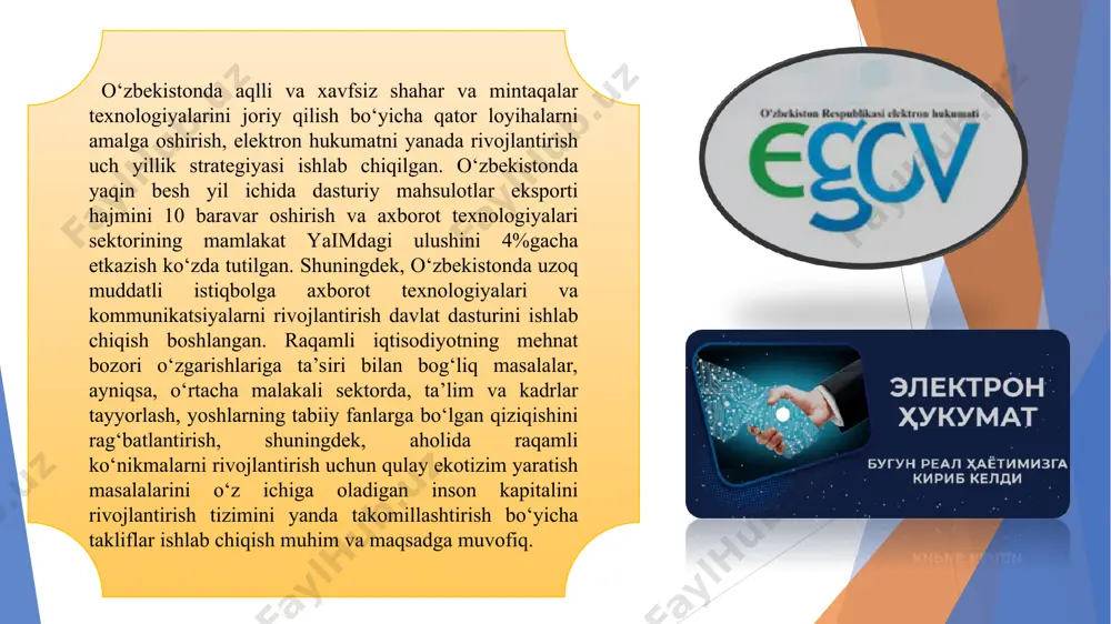 ifa – mohiyatan, jamiyatda qabul qilingan “tirishqoqlik bilan tinmay ishlash” mehnat axloqini “bo‘lib o‘tgan vaqt va joy bo‘yicha samarali ishlash”ga almashtirishni ifodalaydigan ishchi kuchi va bo‘sh vaqt o‘rtasida optimal balans ta’minlaydigan mehnat faoliyatini oqilona tashkil qilish, bu quyidagilar bilan bog‘liq 3. aholi va tadbirkorlik sub’ektlari bilan o‘zaro munosabatlarni amalga oshirishda elektron hujjat aylanishi yangi namunadagi elektron hukumat onlayn formatda mos keluvchi institutlar yig‘indisi faoliyatida servisga yo‘naltirilganlik, chuqur bilimga egalik va shaffoflikni kuchaytirish hisobiga qo‘yilgan maqsadlarga erishishni ta’minlaydi, shu munosabat bilan ko‘rsatilgan xususiyatlar uni shakllantirish bo‘yicha choralar ko‘rishning asosiy yo‘nalishlari sifatida “hukumatni ilgari surish 3.0”da belgilab berildi. “hukumat 3.0” qadriyatlar tizimida asosiy konstruksiya sifatida shaffoflik nafaqat yuqorida aytib o‘tilgan shakllarda elektron demokratiya uchun, balki sifat jihatidan yuqori darajada xizmatlar ko‘rsatishda faoliyat samaradorligi va imkoniyatlarni kengaytirishda ham tamal toshi bo‘lib xizmat qiladi. elektron hukumatning uchinchi variantida chuqur bilimga egaligi davlat instansiyalari o‘rtasida axborot oqimlari harakat yo‘lida cheklovlarni olib tashlash, shuningdek, quyidagilarga asoslangan …