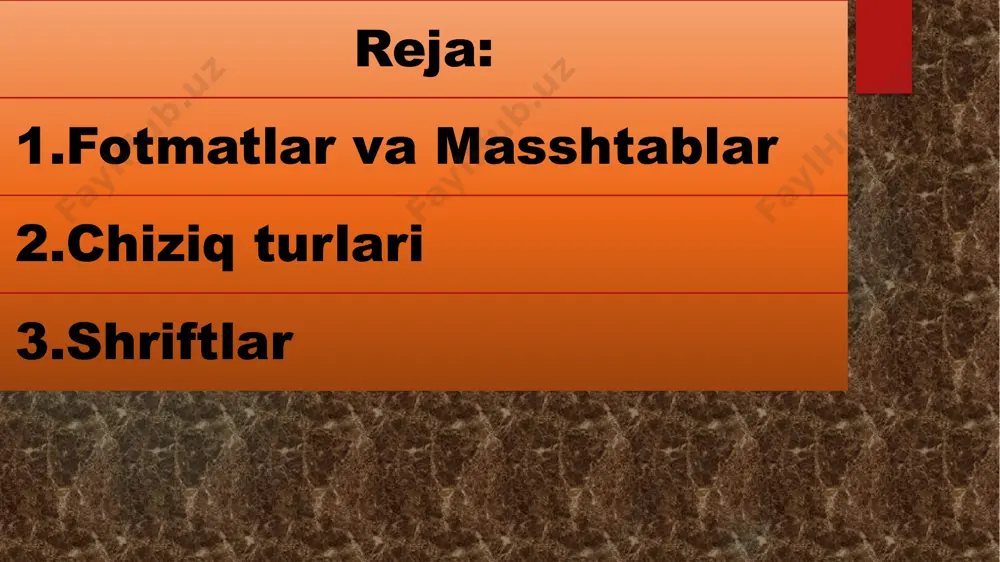 masshtabda) chizib bo‘lmas ekan, shuning uchun masshtab qo‘llaniladi. masshtab deb, detalning haqiqiy o‘lchamiga nisbatan chizmasini katta, kichik yoki haqiqiy kattaligida chizishga aytiladi. masshtablar gost 2.302-68 (stsev1180-78)ga muvofiq quyidagi jadvalda ko‘rsatilgan. haqiqiy kattalikdagi masshtab 1:1 kichiklashtirish masshtabi 1:2; 1:2,5; 1:4; 1:5; 1:10; 1:15; 1:20; 1:25; 1:40; 1:50; 1:75; 1:100; 1:200; 1:400; 1:500 va x.k kattalashtirish masshtabi 2:1; 2,5:1; 4:1; 5:1; 10:1; 20:1; 40:1; 50:1; 100:1 standart tomondan belgilanmagan masshtablarni qo‘llash mutlaqo mumkin emas. masshtab chizmada alohida ko‘rinishlar, ayrim chizmalar uchun m1:4; m1:4; m2:1 va h.k. deb yozish mumkin. asosiy yozuv grafasida masshtab qo‘yilsa chizma qog‘ozidagi barcha chizmaga tegishli hisoblanadi. shuni esda tutish kerakki, chizma qanday masshtabda chizilmasin, chizmada detalning haqiqiy o‘lchamlar qo‘yiladi. chizma shriftlar. barcha harf va raqamlarning bir xil yozilishi uchun umumiy qiyofa beradigan grafikaviy belgilar yig‘indisi shrift deyiladi. har qanday chizmani bajarganda yozuv ishlatilmasa, chizma haqida to‘liq tushuncha hosil qilib bo‘lmaydi. shuning uchun buyum chizmasiga uning nomi, materiali, o‘lchamlari, …
