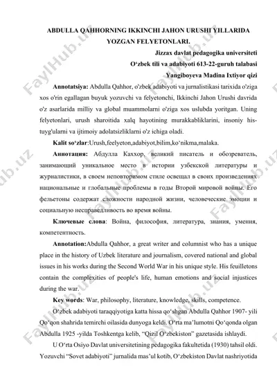 abdulla qahhorning ikkinchi jahon urushi yillarida yozgan felyetonlari — DOCX