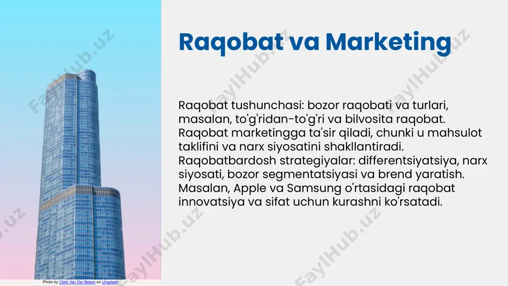 ozitsiyasini yaxshilashi mumkin. photo by clark van der beken on unsplash marketing strategiyalarini baholash baholash mezonlari va usullari: roi, mijozlar soni va brend tanqidchiligi kabi indikatorlar bilan strategiya samaradorligi o'lchanadi. metrikalar va kpi'lar: trafik, konversiya va mijozlar qoniqishi kabi raqamli ko'rsatkichlar strategiya muvaffaqiyatini o'lchash uchun ishlatiladi. natijalarni o'lchash: ma'lumotlar asosida statistik tahlil va taqqoslash orqali strategiya muvaffaqiyati va kamchiliklari aniqlanadi. tavsiyalar: baholash natijalariga asoslangan holda, yangi taktikalar va usullar joriy etiladi, masalan, reklama kengaytiriladi yoki mijozlar bilan aloqalar mustahkamlanadi. 1 2 3 4 kelajakdagi marketing strategiyalari kelajakda marketing strategiyalarining rivojlanishi texnologik innovatsiyalar va raqamli transformatsiya bilan bog‘liq. sun’iy intellekt va ma’lumotlar analitikasi kabi yangi texnologiyalar marketing faoliyatini shaxsiylashtirish va samaradorlikni oshirish imkonini beradi. bozor tendensiyalari, masalan, onlayn savdolarning ortishi va mijozlar ehtiyojlarining o‘zgarishi, strategiyalarni yangilashni talab qiladi. rivojlangan marketing strategiyalari muvaffaqiyat uchun muhim bo‘lib, kompaniyalarni raqobatda oldinda tutadi, shuning uchun zamonaviy texnologiyalar va bozor tendensiyalariga moslashish zarur. xulosa marketing asosiy …