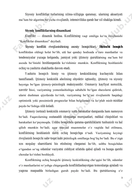 moiy guruhlarning ma’lum bir asosda bo‘linishi boshlanganida ko‘rishimiz mumkin. konfliktning boshlanishi ochiq va yashirin shakllarda davom etadi. yashirin bosqich hissiy va ijtimoiy keskinlikning kuchayishi bilan tasniflanadi. ijtimoiy keskinlik aholining obyektiv iqtisodiy, ijtimoiy va siyosiy hayotga bo‘lgan ijtimoiy-psixologik reaksiyasidir. ommaviy kayfiyat norozilik, xavotir hissi, vaziyatning yomonlashishiga sababchi bo‘lgan shaxslarni qidirish, ularni dushman qiyofasida ko‘rish, vaziyatning bo‘lg‘usi rivojlanishi haqidagi optimistik yoki pessimistik prognozlar bilan belgilanadi va ko‘plab mish-mishlar paydo bo‘lishiga olib keladi. ijtimoiy (sotsial) keskinlik ommaviy xatti-harakatlar darajasida ham namoyon bo‘ladi. fuqarolarning mutasaddi idoralarga murojaatlari, radikal chiqishlari va harakatlari ko‘paymoqda. ushbu bosqichda qarama-qarshiliklarni tushunish va hal qilish mumkin bo‘ladi; agar mavjud muammolar o‘z vaqtida hal etilmasa, konfliktning boshlanish davri ochiq bosqichga o‘tadi. vaziyatning keyingi rivojlanish bosqichi sabr-toqat kabi psixologik omillarga bog‘liq bo‘ladi. bu o‘ziga xos noqulay sharoitlarni his etishning chegarasi bo‘lib, ushbu bosqichdan o‘tgandan so‘ng odamlar vaziyatni ziddiyat sifatida qabul qiladi va bunga qarshi choralar ko‘rishni boshlaydi. konfliktning ochiq bosqichi ijtimoiy keskinlikning …
