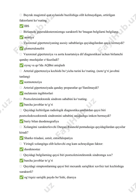 ori, ishkoriy fosfataza yuqori, xolesterin yuqori 240 mexanik sariqlikni xavfsiz turi genezini davolashda qo‘llaniladigan endoskopik usulni ko‘rsating. ✅ endoskopik papillosfinkterotomiya  quyidagi kasalliklarda intermitik sariqlik xarakterli emas (noto‘g‘risini toping): ✅ gepatikoxoledoxaning xavfli o‘smasi  yiringli xolangit simptomlari orasida ko‘proq doimiysi quyidagilar: ✅ temperatura, qorinda og‘riq, sariqlik  sharko triadasi belgilariga kirmaydi: ✅ 12 barmoq ichak divertikuli borligi  tug‘ma mexanik sariqlik sabablariga qaysi kasalliklar kirmaydi: ✅ jigar arteriyalari anevrizmi  o‘t yo‘llari patologiyasini operatsiyagacha bo‘lgan davrda aniqlashda qaysi tekshirish usuli ko‘proq informativ hisoblanadi? ✅ endoskopik retrograd xolangiopankreatografiya  vaqti-vaqti sariqlikni quyida keltirilganlardan qaysi biri chaqiradi? ✅ xoledoxni ventil toshi  normada xoledox eni qanchaga teng? ✅ 1,0 smgacha  xolangitga xarakterli simptomlarni ko‘rsating: ✅ sariqlik, isitma, leykotsitoz  xoledoxolitiaz sababli kelib chiqqan sariqlik uchun nima xarakterli emas? ✅ urobilinuriya  retrograd xolangiopankreatografiyada bemorda xoledox kirish qismi stenozi aniqlandi, bemorni qaerga yuborish kerak? ✅ xirurgik statsionarga  xolelitiazdagi og‘riq quyidagilardan qaysi …