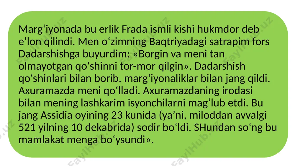 mor etishda qatnashganligini ma’lum qiladi. ktesiy eron shohi kirning halok bo‘lishi to‘g‘risida geradotdan ancha farq qiladigan ma’lumot keltiradi. uning yozishicha, kir derbiklar bilan bo‘lgan jangda yarador bo‘lib, otdan yiqilib tushadi. uni derbiklar bilan birga jang qilgan xindlardan biri yarador qiladi, shundan so‘ng kir vafot etadi. ktesiyning bu ma’lumoti to‘g‘ri emas, deb aytish mumkin, chunki boshqa manbalarda bunday axborot uchramaydi. geradot va ktesiydan tashqari boshqa yunon tarixchilari ham o‘z asarlarida o‘rta osiyo halqlari to‘g‘risida ma’lumotlar beradilar. ulardan biri ksenofont (m.a. 445-355 yy.) o‘zining tarixiy siyosiy roman janrida yozilgan «kiropediya» nomli asarida baktriyaliklar, saklar va girkanliklarning fors shohi kir tomonidan bo‘ysundirilishi va uning qo‘shini tarkibida ossuriyaning zabt etishda qatnashganliklarini ko‘rsatib o‘tadi. o‘rta osiyoning miloddan avvalgi iv – milodiy iv asrlardagi tarixi, tarixiy jo‘g‘rofiyasi va etnografiyasiga doir ma’lumotlar diodor sitsiliyskiyning «tarixiy kutubxona» (m.a. i asr), rim tarixchisi pompey trogning «filipp tarixi» va «ibtido» («prologi») nomli asarlarida (m.a. i asr – milodiy i asr), …