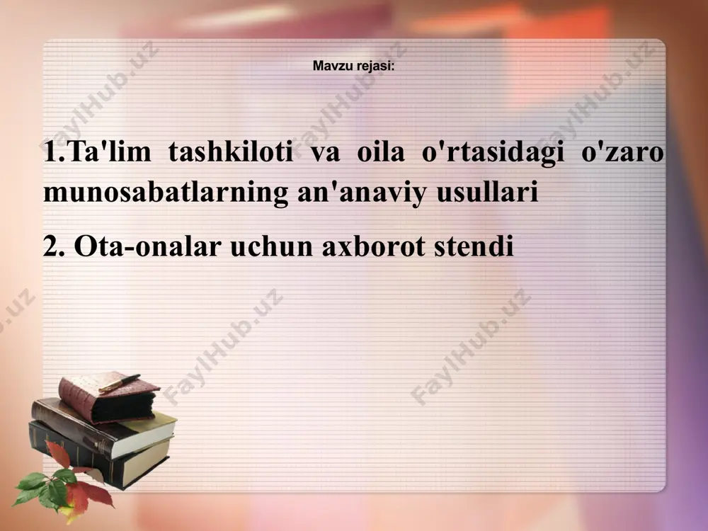 ning turli shakllaridan foydalanish. maktabgacha ta'lim muassasasi va oila o'rtasida ishonchli hamkorlikni amalga oshirish uchun zarur bo'lgan asosiy shartlar quyidagilardan iborat: bolalarning oilalarini o'rganish: ota-onalarning yoshi, ularning ma'lumoti, umumiy madaniy darajasi, ota-onalarning shaxsiy xususiyatlari, ta'limga bo'lgan qarashlari, oilaviy munosabatlarning tuzilishi va tabiati va boshqalardagi farqlarni hisobga olish.; pedagogning bolalar va ota-onalar bilan ishlashga yo'naltirilganligi. bolalar bog'chasining oilaga ochiqligi; ota-onalar bilan ishlash quyidagi bosqichlarga rioya qilgan holda qurilishi kerak. ota-onalar bilan ishlashning mazmuni va shakllari haqida fikr yuritish. ularning ehtiyojlarini o'rganish uchun tezkor so'rov o'tkazish. bu nafaqat ota-onaga maktabgacha ta'lim muassasasi o'z farzandi bilan nima qilishni xohlayotgani haqida ma'lumot berish, balki u maktabgacha ta'lim muassasasidan nimani kutayotganini bilish ham muhimdir. shu bilan birga, shuni hisobga olish kerakki, ba'zi ota-onalar bola bilan o'zlari shug'ullanishni afzal ko'rishadi va bolalar bog'chasi faqat o'g'li yoki qizining o'ynoqi muloqoti uchun muhit sifatida qaraladi. olingan ma'lumotlar keyingi ish uchun ishlatilishi kerak. pedagogni oilaning bola tarbiyasidagi muammolari bilan …