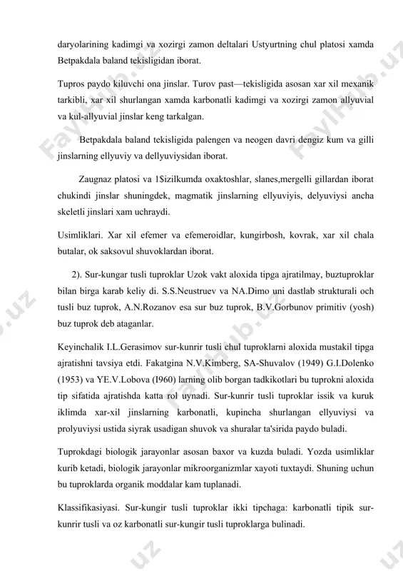 karbonatli tipik sur-kunrir tusli va oz karbonatli sur-kungir tusli tuproklarga bulinadi. birinchi tipchasi - turon past-tekisligining garbiy chullarida va ustyurt baland tekisligida, ikkinchisi esa betpakdala baland tekisligining sharkida va balxash atrofida tarkalgan. termin rejimlari va rivojlanish sharoitiga kura xozirgi vaktda 3 tipchaga bulinadi. 1. muzlaydigan juda ilik .sur-kungir tusli chul tuproklari. 2. kiska muddatli muzlaydigan subtropik sur-kungir tusli chul tuproklari. 3. issik subtropiklarning muzlamaydigan sur-kungir tusli chul tuproklari. sur-kungir tusli tuproklar kuyidagi avlodlarga ajratiladi. shurxoksimon oddiy, shurxokli sur-kungir, gipsli sur-kungir, shurxokli sur-kungir tusli gipsli tuprok morfologik tuzilish tarkibi va xossalari. sur-kungir tusli tuproklarning genetik katlamlari bir-biridan keskin fark kiladi. tuprok yuzasi kalinligi 1-3 sm bulgan och tusli uvaloklanib ketadigan katkalok. bu katkaloklarda ozmi-kupmi chagirtosh uchraydi. katkalok tagida tangachasimon rovak katlam joylashgan. undan pastdagi v katlam och kungir yoki jigarrang tusda, zichlangan va uvokli strukturali karbonatlarning okish dorlari uchraydi. undan pastda tarkibida gips xamda suvda oson eriydigan tuzlar bulgan tuprok paydo …