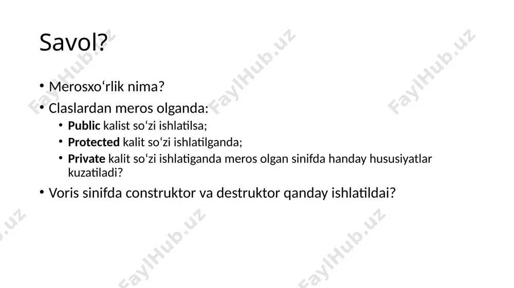 author[64]; float price; }; misol 3 davomi… int book_series::page_count; //o`zgaruvchini global o`zgaruvchi sifatida e'lon qilish void book_series::show_book (void) { printf("sahifalar soni=%d\n",page_count); } int main(void) { book_series::page_count = 256; /*o`zgaruvchiga 256 qiymati o`zlashtirilgan*/ book_series::show_book(); return 0; } sinfni to‘liqmas eloni class sinf2; // синфнинг тўлиқмас эълони class sinf1 { int x; sinf2 * sinf2; // sinf2 синфига кўрсаткич public: sinf1(int _x) {x=_x;} }; int main(){ //… return 0; } class sinf2 { // sinf2 синфининг тўлиқ эълони int a; public: sinf2(); }; merosxo‘rlikning turlari yagona merosxo'rlik ( engl. single inheritance) ko'p merosxo'rlik ( engl. multiple inheritance) ierarxik merosxo'rlik ( engl. hierarchical inheritance) ko'p qatlamli merosxo'rlik ( engl. multilevel inheritance) gibrid merosxo'rlik ( engl. hybrid inheritance) yagona merosxo'rlik ( engl. single inheritance) classlarni bir biridan meros olishida public, private, va protected kalit so‘zlarini ishlatilishiga qarab undagi hususiyat va metodlarga murojatlar turlicha bo‘lishi mumkin yagona merosxo'rlik ( engl. single inheritance) avlod class avlod …