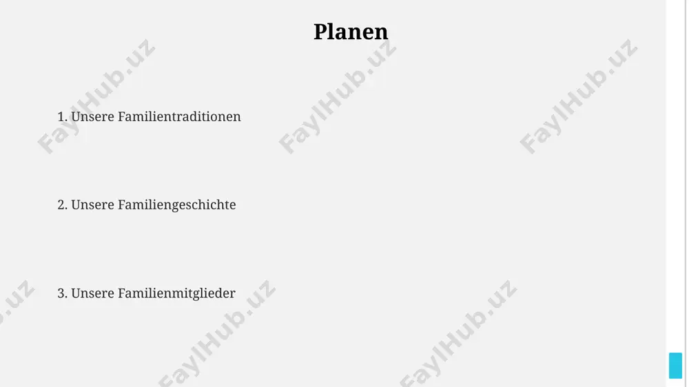 ausforderung in bezug auf organisation und technischer ausstattung dar, führte aber gleichzeitig zu einer stärkung der familiären kommunikation. die bewältigung des umzugs in eine neue stadt mit 5 personen innerhalb von nur 6 wochen war ein komplexes unterfangen, resultierte jedoch in einer verbesserung der lebensqualität und einem stärkeren gemeinschaftsgefühl. trotz unterschiedlicher charaktere und 2 generationen konnten wir durch gemeinsames engagement ein familienbudget von 4.000€ pro monat erfolgreich managen und so finanzielle stabilität gewährleisten. traditionen und rituale jedes jahr im august verbringen wir 10 tage am selben see, ein familientradition, die bereits über 3 generationen hinweg besteht und unverzichtbar für unser zusammengehörigkeitsgefühl ist. sonntagabends findet unser familien-quiz statt, ein wöchentliches ritual mit 20 fragen zu verschiedenen themen, das die kommunikation und den wissens-austausch fördert. unser alljährliches weihnachtsessen beinhaltet mindestens 7 verschiedene gerichte, ein komplexes menü, dessen rezepte seit über 50 jahren in unserer familie weitergegeben werden. vielen dank für ihre aufmerksamkeit …