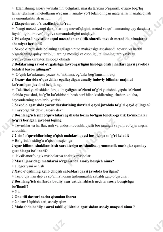 ima? + o’qish malakalarini takomillashtirish kitob tanlay oladigan, muntazam kitob o’qiydigan, o’qilgan kitobni to’g’ri baholay oladigan ongli kitobxonni tarbiyalash ? nazariy tekshirish metodi nimalarga tadbiq etiladi? + izlanishning asosiy yo’nalishini belgilash, masala tarixini o’rganish, o’zaro bog’liq fanlar tekshirish metodlarini o’rganish, amaliy yo’l bilan olingan materiallarni analiz qilish va umumlashtirish uchun ? eksperiment o’z vazifasiga ko’ra... + yangi metod, yangi darsliklarning muvofiqligini, metod va qo’llanmaning qay darajada foydaliligini, muvofiqligi va samaradorligini aniqlaydi. ? psixologo-lingvistik nuqtai nazardan analitik-sintetik tovush metodida nimalarga ahamiyat beriladi? + savod o’rgatishda bolaning egallagan nutq malakasiga asoslanadi, tovush va harfni o’rgatishning qulay tartibi, ularning mosligi va osonligi, ta’limning tarbiyaviy va o’stiruvchan xarakteri hisobga olinadi ? bolalarning savod o’rgatishga tayyorgarligini hisobga olish jihatlari qaysi javobda batafsil bayon qilingan? + o’qish ko’nikmasi, yozuv ko’nikmasi, og’zaki bog’lanishli nutqi ? yozuv darsida o’quvchilar egallaydigan amaliy imloviy bilimlar majmui ko’rsatilgan javobni belgilang. + talaffuzi yozilishidan farq qilmaydigan so’zlarni to’g’ri yozishni, gapda so’zlarni alohida …