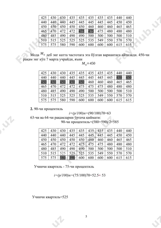 ди cov(x, y) = cov(x, [b1 + b2z]) = cov(x, b1) + cov(x, b2z) = 0 + cov(x, b2z) = b2cov(x, z) бу ерда иккинчи қоида қўлланилди. тавсия этиладиган адабиётлар 1. christopher dougherty. introduction to econometrics. oxford university press, 2011. – 573 p. 2. gujarati d.n. basic econometrics. mcgraw-hill, 5th edition, 2009. – 922 p. 3. абдуллаев о.м., ходиев б.ю., ишназаров а.и. эконометрика. учебник. –т.: fan va texnologiya. 2007. – 612 с. 4. горбунов в.к математическая модель потребительского спроса. теория и прикладной потенциал. м.: экономика, 2004. стр.24-33 5. ивашев-мусатов о. с. теория вероятностей и математическая статистика. учеб. пособ. 2-е изд. м.:фима, 2003. стр. 26-36. 3-машғулот. жуфт корреляцион-регрессион таҳлил (2 соат) масала 1 берилган маълумотлар асосида корреляция коэффициенти хисоблансин ва регрессия тенгламаси тузилсин. n y x 1 1 8 2 3 9 3 5 11 4 7 12 5 9 14 ечилиши. масалани ечиш учун қўйидаги жадвал тўлдирилинади 1 1 8 …