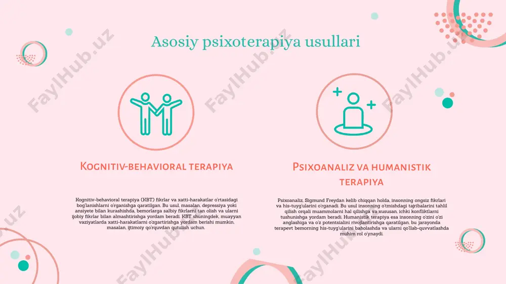 psixoterapiya seanslari ruhiy salomatlikni yaxshilab, stressni kamaytirishga yordam beradi, bu esa umumiy farovonlikni oshiradi. muvaffaqiyatli holatlar real hayotda 1-misol: stress bilan bog'liq muammolarni hal qilgan shaxs, psixoterapiya orqali o'zini yanada tinch his qilishni o'rgandi, bu esa uning ish faoliyatini yaxshilashga yordam berdi. 2-misol: travmatik tajribalarni yenggan shaxs, psixoterapiya yordamida ijtimoiy aloqalarini yaxshilashga erishdi va hayotga yangi bir nazar bilan qarashni boshladi. 3-misol: psixoterapiya olingan shaxslar o'z-o'zini anglashda va his-tuyg'ularini boshqarishda sezilarli o'zgarishlar ko'rsatdilar. psixoterapiya va ruhiy salomatlikni qo'llab-quvvatlash strategiyalari psixoterapiya jarayonida strategiyalar psixoterapiya jarayonida stress boshqaruvi, kognitiv xulq-atvor terapiyasi, emotsional qo'llab-quvvatlash va mindfulness kabi strategiyalar qo'llaniladi. ushbu usullar ruhiy holatni yaxshilash va stressni kamaytirishga yordam beradi. ruhiy salomatlikni saqlash ruhiy salomatlikni saqlash uchun jismoniy faoliyat, meditatsiya va ijtimoiy aloqalarni kuchaytirish muhimdir. bu amaliyotlar stressni kamaytiradi va ijobiy his-tuyg'ularni oshiradi. xulosa psixoterapiya jarayoni psixoterapiya inson psixikasiga ta'sir qiluvchi murakkab jarayondir. psixoterapiya - bu ruhiy salomatlikni yaxshilash maqsadida terapevt va mijoz o'rtasida …
