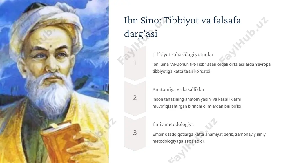 bbiyotning ko'plab muhim jihatlarini yoritdi. ilmiy yondashuv empirik kuzatuvlar va tajribalar asosida ilmiy xulosalar chiqarishga katta e'tibor qaratdi. 5 forobiy: falsafa va mantiq sohasidagi hissasi ideal jamiyat nazariyasi "al-madina al-fadhila" asarida ideal jamiyatning tuzilishi haqida fikr yuritdi. mantiqiy metodlar mantiqiy va falsafiy metodlarni ishlab chiqdi, mantiqni ilmiy tadqiqotlar uchun muhim vosita sifatida qo'lladi. falsafiy merosي sharqdagi eng yirik falsafiy va ilmiy tafakkurchilardan biri sifatida tanildi. 6 isaac newton: klassik mexanikaning asoschisi "principia mathematica" bu asari orqali klassik mexanikaning asoslarini yaratdi. gravitatsiya qonuni yerning og'irlik kuchi va sayyoralar harakatini tushuntiruvchi qonunni kashf etdi. tabiatni tushunish uning kashfiyotlari tabiatni 7 galileo galilei: astronomiya va fizika sohasidagi inqilob 1 teleskop kashfiyotlari teleskop yordamida osmon jismlarini kuzatgan birinchi olimlardan biri bo'lib, yupiter sayyorasining oylarini kashf etdi. 2 heliotsentrik model kopernikning heliotsentrik modelini qo'llab-quvvatladi va uni rivojlantirdi. 3 eksperimental fizika fizikada eksperiment metodlarini joriy etib, zamonaviy ilmiy yondashuvga asos soldi. 8 albert einstein: nisbiylik nazariyasi …
