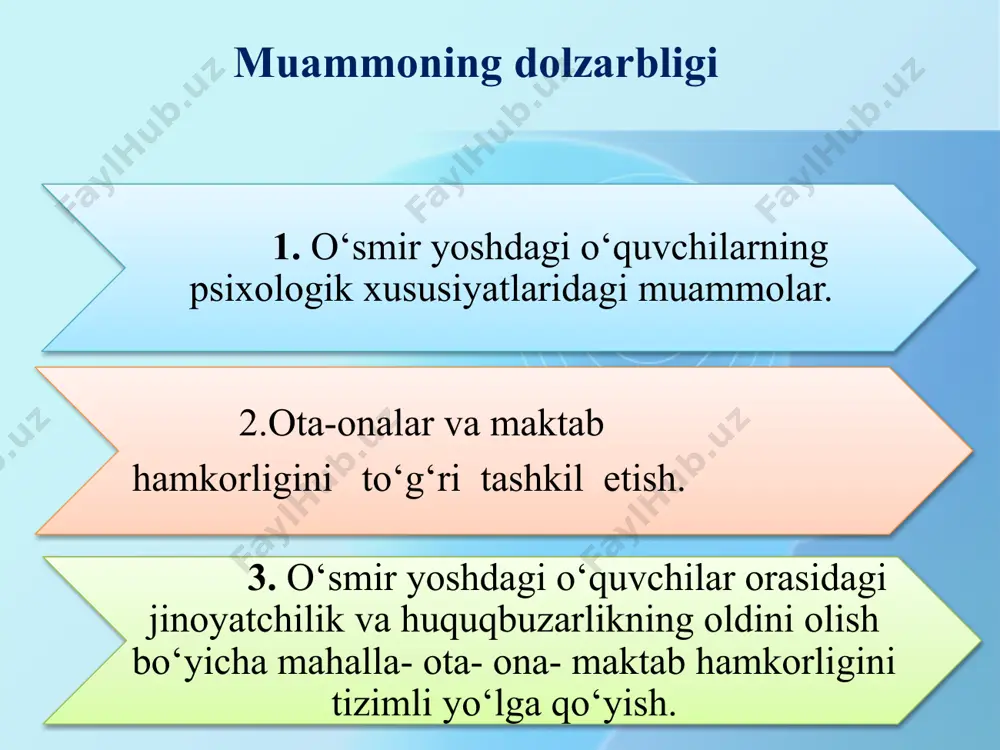 yuqori sinflarda o‘qiydigan farzandi bor ota-onalar bilan ishlashda alohida dastur ishlab chiqilgan bo‘lib , bu muammolarning chuqurlashib ketishining oldini oladi har ii chorakda otalar majlisini tashkil qilish. 4 muammosi mavjud o‘smir yoshdagi o‘quvchilar bilan faqat maktab hamda ota- ona ishlaydi finlandiyada o‘smir yoshdagi o‘quvchilar bilan o‘zgarishlar bilan maxsus guruh shug’ullanadi . shifokor, psixolog, pedagog, ota-ona, motivator va boshqalar muammosi mavjud o‘smir yoshdagi o‘quvchilar bilan ota- ona, maktab, mahalla, mahalladan vakil, milliy gvardiya hamkorlikda ishlash samaradorligini oshirish. qiyosiy tahlil xulosa o‘smirlarning ruhiy salomatligi va ruhiy-ijtimoiy farovonligini yaxshilash , ijobiy oilaviy munosabatlar, sifatli do‘stlik va ijtimoiy aloqalar hamda qo‘llab-quvvatlovchi o‘qituvchilar va o‘quvchilar, yaxshi maktab sharoitlari, shuningdek, darsdan tashqari mashg‘ulotlarda qatnashishdan iborat. eng keng tarqalgan xavf omillari — oiladagi mojaro yoki zo‘ravonlik, oilaviy muhitda o‘zaro tushunishning yetishmasligi, o‘ smir noqobil do ‘st tanlasa, bunda ota – ona boshqa bir jamoani yoki boshqa do ‘stni taklif qilishi kerak, boia o ‘qituvchisidan shikoyat qilsa, ota …