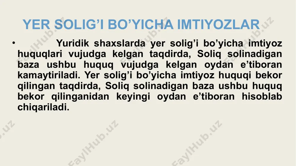 l choragi, qishloq xo`jaligi korxonalari va dehqon xo`jaliklari uchun kalendar yili hisoblanadi. yer qaridan foydalanganlik uchun soliq joriy etilishidan asosiy maqsad – umumdavlat mulki hisoblangan yer osti boyliklarida oqilona tarzda butun jamiyat a’zolarini va kelajak avlod manfaatlarini hisobga olgan holda foydalanish samaradorligini oshirish hisoblanadi. yer qa’ridan foydalanganlik uchun soliq yer qaridan foydalanuvchilar bo’lib o’bekiston respublikasi hududida foydali qazilmalarni qazib olayotgan texnogen miniral hosilalardan foydali qazilmalarni ajratib olayotgan, shuningdek foydali qazilmalardan foydali konponentlarni ajratib olgan holda ulrni qayta ishlashni amalga oshirayotga yuridik va jismoniy shaxislar hisoblanadi. soliq stavkalari va soliq imtiyozlari. yer qaridanligi uchun soliq stavkalari o’zbekiston respublikasi prezidenti qarori bilan belgilanadi. o’zbekistonda qazib olinadigan xom ashyo turlari bo’yicha yer qaridan foydalanganlik uchun soliqning tabaqalashtirilgan stavkalari belgilangan. xozirgi vaqtda jami 53 turdagi foydali qazilmalarga nisbatan tabaqalashtirilgan tarzda soliq stavkalari o’rnatilgan. yer qaridan foydalanganlik uchun soliqni yuridik shaxslar quyidagi tartibda to’laydilar: a) mikrofirma va kichik korxonalar - yilning har choragida , xisobot …