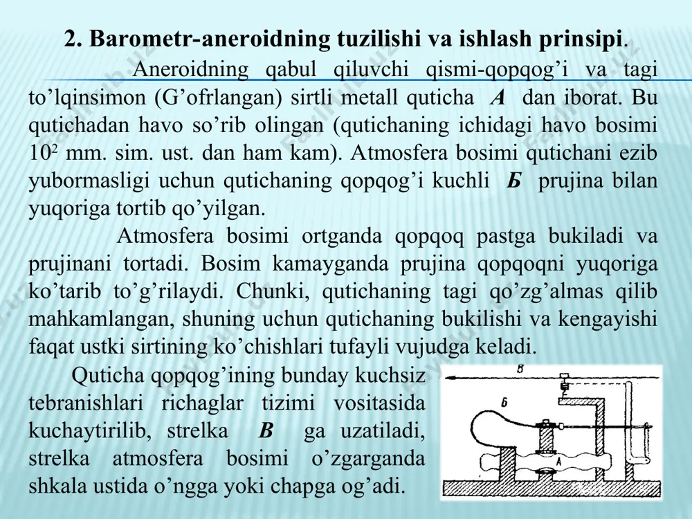 irini kamaytirish uchun qutichalar ustunining tagiga po’lat va mis plastinkalardan tayyorlangan bimetall termokompensator joylashtirilgan. aneroid qutichalarining eng pastkisi kompensatorga mahkamlangan, quticha ustuni tepasidagi quticha tirgak va richaglar tizimi orqali strelka bilan bog’langan. atmosfera bosimi oshganda qutichalar ko’proq bukiladi va richaglar vositasida peroni yuqoriga buradi. atmosfera bosimi kamayganda esa membranalarning elastiklik kuchi ta’sirida qutichalar kengayadi va strelkani lentada pastga ko’chiradi. qutichalarning sezgirligi temperaturaga bog’liq, chunki membranalarning elastiklik xossalari ham temperaturaga bog’langan. yuqorida aytganimizdek, temperatura o’zgarishlari tufayli vujudga keluvchi qutichalarning qo’shimcha deformatsiyasini kompensatsiya qilish uchun barograflarda termokompensator joylashtiriladi. ichida soat mexanizmi bor silindrik baraban barografning qayd qiluvchi qismi bo’lib xizmat qiladi. barabanga qog’oz lenta qoplanadi va lentani yassi prujinalar bilan barabanga siqib turadi. barabanning aylanish tezligiga qarab barograflar sutkalik va haftalik bo’ladi. baraban lentasidagi gorizontal chiziqlar mb larda ifodalangan atmosfera bosimining qiymatlarini, vertikal yoylar esa vaqt intervallarini ko’rsatadi. agar barograf haftalik bo’lsa, lentada qo’shni yoylar orasidagi bo’lim qiymatlari 2 soatga, sutkalik barografda …