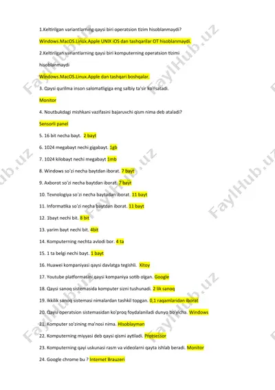 kompyuter asoslari bo‘yicha savol-javob to‘plami — DOCX