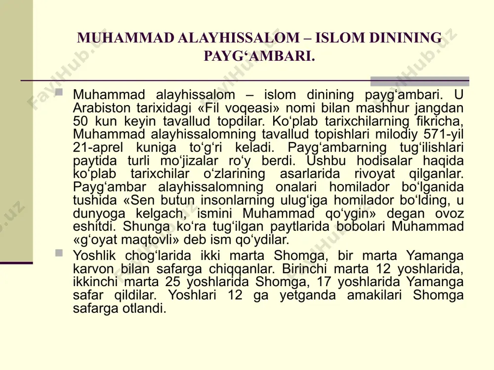 osin». eng uzun oyat «baqara» surasining 282-oyati. sura (arab. tizma, qator, qo‘rg‘on, manzil va sharaf ma’nosida) – faqat qur’onga xos tushuncha, uning bo‘limlari (boblari) sura deyiladi. eng qisqa sura – «kavsar» (3 oyat). eng uzun sura – «baqara » (286 oyat). madina suralari nozil bo‘lishining besh davri: i davr (622-y. oktabrdan 624-y. gacha). muhammad (s.a.v.) madinaga ko‘chib kelganidan makkaliklar bilan birinchi yirik to‘qnashuv – badr jangigacha 4 ta sura. ii davr (624-y. martidan 625 y. martigacha). badr jangidan keyin uhud jangigacha o‘tgan bir yil ichida 3 ta sura. iii davr (625-y. martidan 627-y. martigacha). uhud jangidagi mag‘lubiyatidan keyin xandaq jangigacha 5 ta sura. iv davr (627-y. aprelidan 630-y. yanvarigacha). xandaq jangidan so‘ng makkaning oli- nishigacha 8 ta sura. v davr (630-y. fevralidan 632-y. mayigacha). makka olinganidan keyin muhammad (s.a.v.) payg‘ambarning vafotigacha 4 ta sura. h а d i s l a r muhаmmаd аlаyhis sаlоmning аytgаn so’zlаri, qilgаn ishlаri yoki …