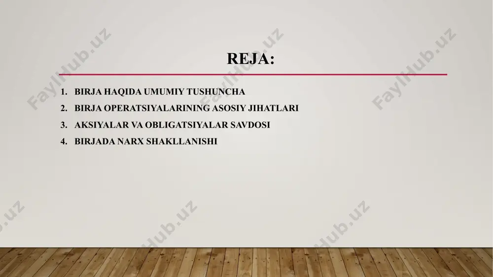 ali savdo buyurtmasini beradi. narxlar shakllanishi: birja platformasi orqali aktivlar narxi talab va taklif asosida shakllanadi. bitimning bajarilishi: brokerlar bitimni amalga oshirib, aktivlar sotiladi yoki sotib olinadi. hisob-kitob va to'lovlar: bitimni amalga oshirishdan so'ng, hisob-kitoblar bajarilib, tomonlar o'z majburiyatlarini bajaradilar. aksiyalar va obligatsiyalar savdosi aksiyalar – kompaniyaning egalik huquqini aks ettiruvchi qimmatli qog'ozlardir. investor aksiyalarni sotib olish orqali kompaniyaga sarmoya kiritadi va dividendlar olish huquqiga ega bo'ladi. obligatsiyalar esa qarz qog'ozlaridir. investorlar obligatsiyalarni sotib olish orqali davlat yoki kompaniyaga qarz beradilar va buning evaziga foiz daromad oladilar. bu bitimlar birja bozorida keng tarqalgan va investorlar uchun uzoq muddatli daromad manbaidir. derivativlar va opsionlar derivativlar – bu shartnomalar bo'lib, ularning qiymati boshqa aktivlarning qiymatiga bog'liq. opsionlar va futures – bu eng keng tarqalgan derivativlar turlaridir. opsion – bu aktivni kelajakda ma'lum narxda sotib olish yoki sotish huquqini beruvchi shartnoma. futures – bu kelajakda ma'lum narxda aktivni sotib olish yoki sotish majburiyati. …
