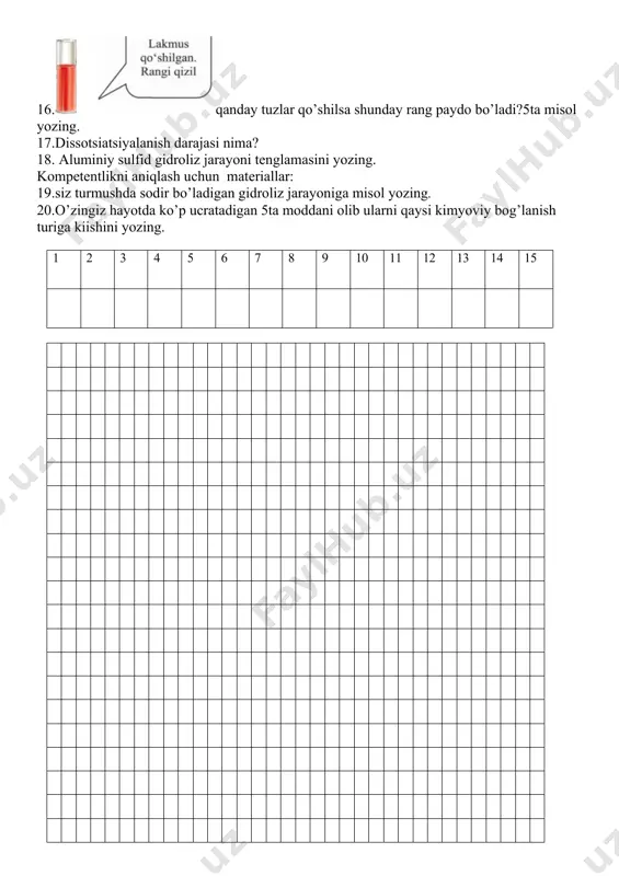 riant 1.kremniyning fizik xossalarini yozing. 2.3,2gr silan olish uchun necha gr magniy silidsid xlorid kislota bilan reaksiyaga kirishadi? 3.si ning oxirgi elektronini to’rtta kvant sonlarini yozing. kompetentlikni aniqlash uchun materiallar: 4.qumdagi kremniy va kislorodning massa nisbatini yozing. 5.yurtimizdagi qaysi shaharlarining binolarida sopoldan tayyorlangan naqshlarni uchratamiz? ii-variant. 1.kremniyning olinish reaksiya tenglamasini yozing. 2.kremniyning elektronlarining necha %ini sharsimon elektronlar tashkil etadi? 3.6,4gr silan yonganda necha gr kremniy (iv)-oksid hosil bo’ladi? kompetentlikni aniqlash uchun materiallar: 4.shishani qnday turlarini bilasiz? 5.silandagi kremniy va vodorod atomlar soni nisbatini toping. 4- nazorat ishi. sana mavzu:metallar va elektroliz mavzularini umumlashtirish. nazorat shakli:test 1.metallarning olinish usullari berilgan qatorni toping. a)pirometalurgik,gidrometalurgik, elektroliz. b) pirometalurgik,gidrometalurgik,elektrotermik. s) elektrotermik,elektroliz. d)aktiv metallar ta’sirida, gidrometallurgik. 2.nodir metallar berilgan qatorni toping. a)ag,au,pt,pd. b)ag,cu,au,sn. s)mo,v,k,zn d)li,k,na,ca 3.projektor va reflector tayyorlashda ishlatiladigan metallar berilgan qatorni toping. a)au,cu b)in,au s)au,ag d)fe,al 4.eng quyi suyuqlanish haroratiga ega bo’lgan metall qaysi? a)hg b)au s)cu d)in 5.metallarning aktivlik qatorini tuzgan olim …