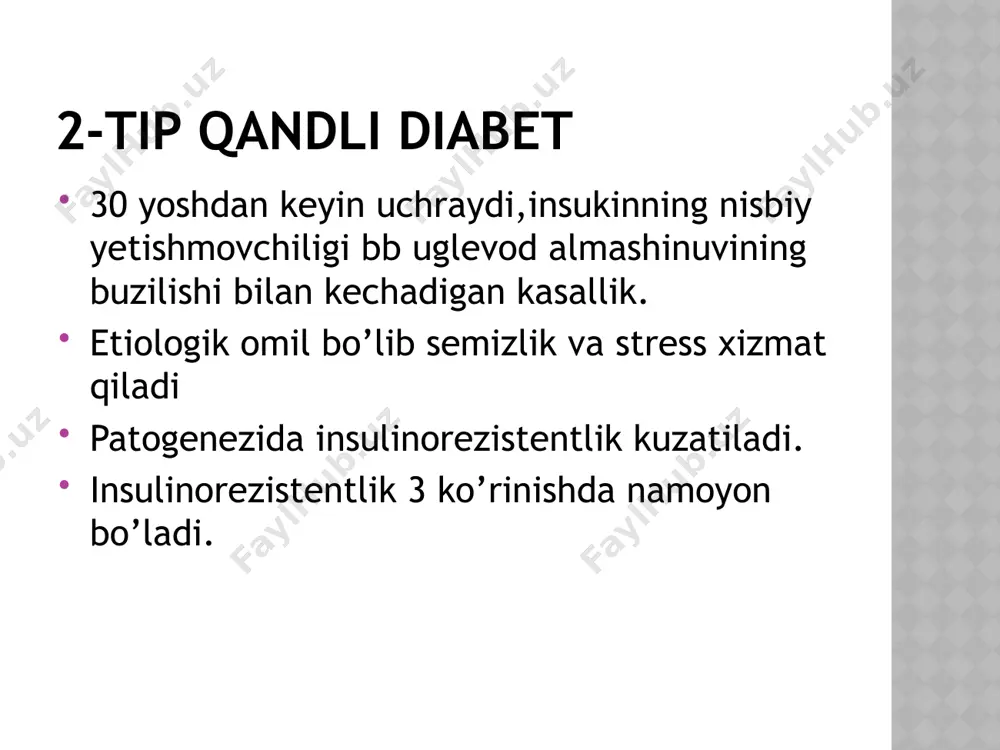 i. homiladorlikdan oldin ortiqcha vazn ko’pincha rol o’ynaydi. odatda ,turli gormonlar qon glyukoza darajasini nazorat qilish uchun ishlaydi. ammo homiladorlik paytida gormonlar darajasi o’zgaradi, bu ayol tanasi uchun qon glyukozasini samarali qayta ishlashni qiyinlashtiradi. bu qondagi glyukoza miqdorini oshiradi. xavf omillari ortiqcha vazn va semirish jismoniy faollikning yetishmasligi oldingi homiladorlikdagi qandli diabet yoki prediabet polikistik tuxumdon sindromi yaqin oila a’zolari diabet ilgari 4.1 kg og’irlikdagi chaqaloqni tug’ish irq- qora tanli, ispan, amerikalik hindu va osiyolik ayollarda gestatsion diabetning bolaga ta’siri haddan tashqari yuqori vazn (4.1 kg va undan ko’p ),bunda bolaning tug’ilish kanalida tiqilib qolishi,tug’ilish jarohatlari yoki kesarcha kesishga ko’rsatma erta tug’ruq- ayollarda qondagi glyukoza miqdorining oshib ketishi muddatdan oldingi tug’ruq xavfini oshiradi nafas olishda jiddiy qiyinchiliklar. gipoglikemiya-bazida gestatsion diabet bilan og’rigan onalarning chaqaloqlari tug’ilgandan ko’p o’tmay gipoglikemiyaga uchrashadi chaqaloqning hayoti davomida semirib ketishi va 2-tip diabet bilan kasallanishning ehtimolligini oshiradi o’lik tug’ilish gestatsion diabetning onaga ta’siri yuqori qon bosimi …