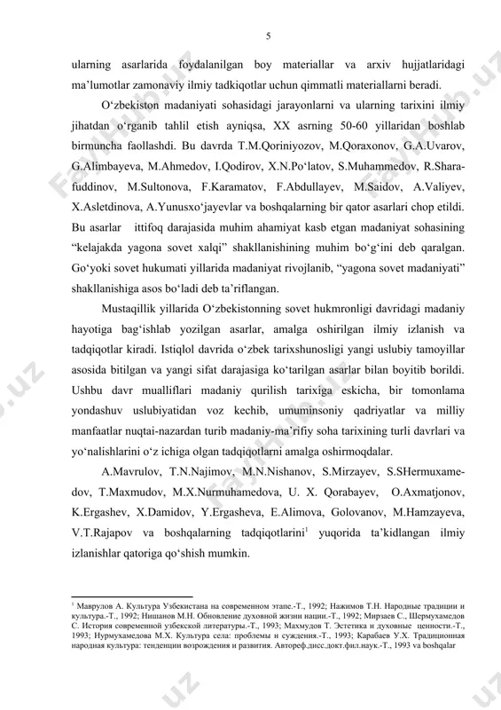 tini xolisona umumlashtirib, soha muammolarining vujudga kelish sabablarini va uning oqibatlarini ilmiy tahlil qilish. bmining nazariy-uslubiy asoslarini bilish nazariyasi va milliy istiqlol g‘oyasining asosiy tamoyillari, ma’naviy qadriyatlar va insonparvarlik an’analari tashkil etadi. bmida belgilangan vazifalarni bayon etishda o‘zbekiston tarixining yangi metodologik konseptual tamoyillariga tayangan holda tarixiylik, ilmiylik, xolislik, qiyosiylik, uzviylik kabi tamoyillarga asoslandi. tadqiqotning muhim nazariy asosini o‘zbekiston respublikasi prezidenti i.a.karimovning asarlari, xususan milliy uyg‘onish, ta’lim tarbiya, fan, adabiyot va san’atning o‘rni to‘g‘risidagi yo‘l-yo‘riqlari, tarixiy jarayonlarni o‘rganishning nazariyasi va amaliyoti haqidagi ko‘rsatmalari tashkil etadi. bmining davriy chegarasi: mazkur mavzuning xronologiyasi 1946-1985 yillarni qamrab oladi. o‘zbekiston tarixining mazkur qismi mamlakatda siyosiy-iqtisodiy, ijtimoiy va madaniy jarayonlarning murakkab va ziddiyatli tarzda kechishi bilan xarakterli bo‘lib, sovet tuzumi hukmronligining o‘zbek milliy madaniyatiga nisbatan salbiy ta’sir ko‘rsatgan bosqichlaridan biridir. bmining ilmiy va amaliy yangiligi shundan iboratki, ishda bugungi kun tarix fani oldiga qo‘yilayotgan talablardan kelib chiqib, o‘zbekistonda 1946-1985 yillarda sovet davri madaniy sohasi ayrim tarmoqlaridagi …