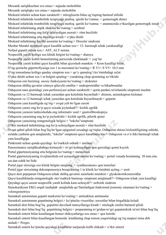 rmaydi:+ oshqozoning bariy bilan rentgenografiyasi helicobacter pilori ga ta'sir qiluvchi preparat:+ trixopol infarkt miokarddagi rezorbsion- nekrotik sindromga xos belgini koʻrsating :+ echtning oshishi infarktdan keyingi kardiosklerozga xos boʻlmagan ekg belgi:+ r tishcha oʻzgargan jigar siroziga xos asosiy belgini koʻrsating:+ regenerator tugunlarning xosil boʻlishi jigar sirrozi uchun qaysi sindrom xos:+ sitolitik jigar sirrozi uchun qaysi 1 ta asorat xos:+ qiziloʻngachning varikoz kengaygan venalaridan qon ketishi jigar sirrozida jigar yetishmovchiligiga olib keluvchi sababni koʻrsating: + diuretiklarni suiste'mol qilish jigar sirrozida mezenximal yalliglanishga xos belgini koʻrsating:+ echtning oshishi jigar sirrozida xolestatik sindromga xos belgini koʻrsating:+ ishkoriy fosfatazaning oshishi jigar sirroziga xos klinik sindromni koʻrsating:+ dispeptik jigar sirroziga xos sindromni aniqlang. :+ portal gipertenziya jigar sirrozining dekompensasiya bosqichiga xos belgini koʻrsating:+ ifodalangan assit jigar sirrozining dekompensasiya bosqichiga xos belgini koʻrsating: + ensefalopatiya belgilari jigar- xujayra yetishmovchiligiga xos belgini koʻrsating:+ gemorragik diatez jigar yetishmovchiligiga xos klinik belgini koʻrsating: + es- xushning buzilishi jigar yetishmovchiligiga xos …