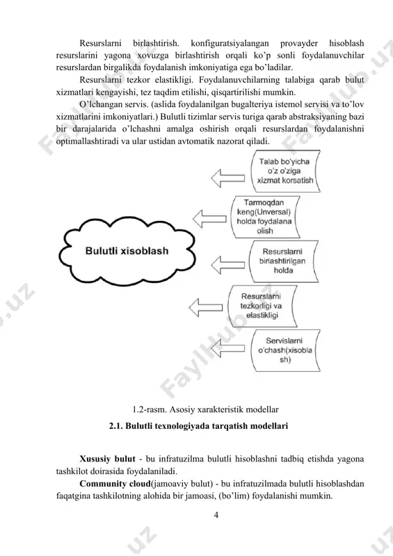 rishish uchun apparat, dasturiy ta’minot, metodologiyasi va internet kabi xizmatlarni foydalanuvchiga taqdim etuvchi vosita hisoblanadi. 2. 3-rasm - foydalanish vositalari. amaliyot shuni ko'rsatadiki, “bulutli texnologiyalar” / “bulutli xizmat” tushunchalari, “bulutlar” shaklida, umuman qabul qilingan grafik tasviri bilan foydalanuvchilarni shunchaki chalkashtirib yuboradi, aslida ularning tuzilishi keyingi piramida shaklida ifodalanadi. 2.4 –rasm xizmatlar taqdim etish infrastruktura satxlari. piramidaning “infratuzilmasi” - bu jismoniy qurilmalar majmuasi (serverlar, qattiq disklar, va boshqalar). buning asosida, “platform” - foydalanuvchilarning iltimosiga ko'ra xizmatlarning to'plami va yuqori dasturiy ta’minot yotadi. bundan tashqari, bulutni hisoblash texnologiyasi va yondashuvlarining sintezi natijasida olingan bir xil bazaviy vektor ekanligini bilishingiz kerak. 2.5-rasm diagrammasi. bulutli texnologiyalarning mohiyati foydalanuvchilarga xizmatlarga, hisoblash manbalari va ilovalariga (shu jumladan) uzoqdan kirishni ta'minlashdir operatsion tizimlari va infratuzilma) internet orqali. ushbu xosting sohasining rivojlanishi (provayder hududida mijoz uskunalarini yuqori tarmoqli kengligi bilan aloqa kanallariga ulash imkoniyati bilan ta'minlovchi xosting xizmati) ichkaridan boshqarilishi mumkin bo'lgan dasturiy ta'minot va raqamli xizmatlarga ehtiyoj …