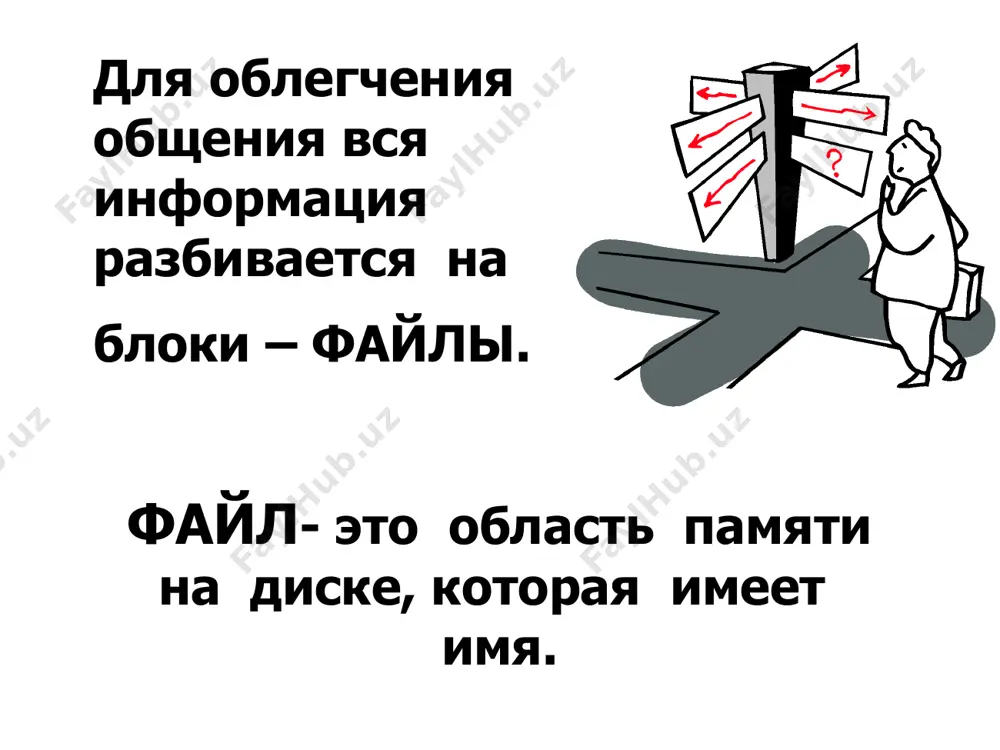 м записывается последовательность имен вложенных друг в друга папок, в последней из которых содержится нужный файл. имена диска и папок записываются через разделитель «\». пути к файлам вместе с именем файла называют иногда полным именем файла у каждого файла есть свой адрес! адрес файла или путь к файлу – это последовательность, состоящая из имён каталогов (папок), начиная от корневого и заканчивая тем, в котором непосредственно хранится файл путь к папке «пример 3.2» работа с файлами и дисками операции над файлами. при сохранении файла на диске всегда будет занято целое количество секторов, соответственно, минимальный объем дискового пространства, которое может занимать файл, составляет один сектор, а максимальный объем соответствует общему количеству секторов на диске. с помощью специальных программ – файловых менеджеров – можно производить над файлами следующие операции: копирование (копия файла помещается в другую папку) перемещение (сам файл перемещается в другую папку) удаление (запись о файле удаляется из каталога) переименование (в каталоге …