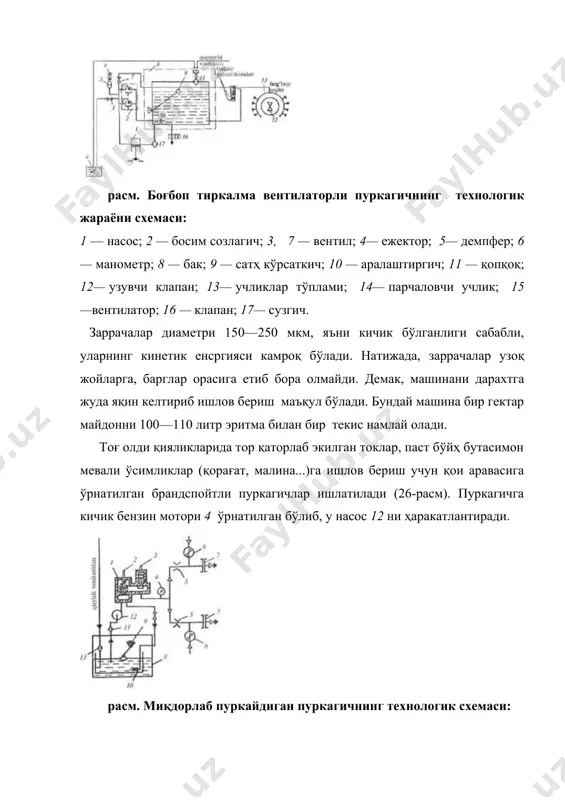 илатор; 7 — дисксимон парчалагич; 8 — бак; 9 — сатҳ ўлчагич; 10 — аралаштиргич; 11, 13 — сузгич; 12 — насос. машина икки дона брандспойт 8 га эга бўлиб, уларни қўл билан керакли жойга йўналтириб, обектга ишлов берилади. брандспойтлар ўта узун (20—50 м) шлангларга уланган. брандспойтларга турли диаметрдаги кўзга эга бўлган учликлар ўрнатиб, керакли режимда пуркашга эришилади. бундай пуркагичнинг махсус баки йўқ, унинг ўрнига топилган ҳар қандай катта ҳажмли идишдан фойдаланилади. боғдорчилик ва узумчилик бўйича кичик фермер ва деҳқон хўжаликларида одам елкасига осиладиган (ранессимон) қои пуркагичидан кенг фойдаланилади (27-расм). ҳажми 12 литр бўлган бак 1 полиетилендан тайёрланган бўлиб, унинг шакли одам елкасига қулай осилишни таъминлайди. бевосита одам елкасига тегадиган сиртига юмшоқ поролон ёстиқча ётқизилган. расм. қўл аравасига ўрнатиладиган кичик пуркагичнинг технологик жараёни схемаси: 1 — идиш; 2 — сўриш шлангаси; 3 — гидроаралаштиргич; 4— бензин мотори; 5— рсдуктор; 6 — занжирли узатма; 7— насос; 8 — брандспойтлар; 9 — …