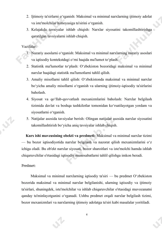 shlab chiqaruvchilarni himoya qilish: minimal narxlar ishlab chiqaruvchilarning daromadlarini ta'minlashga yordam beradi va ularni yo‘qolishdan saqlaydi. · ijtimoiy standartlarni saqlash: minimal ish haqi, misol uchun, ishchilarning hayot darajasini ta'minlashga yordam beradi. maksimal va minimal narxlar iqtisodiy nazariyalar doirasida muhim o‘rinni egallaydi: · talab va taklif qonuni: bu qonun narxlar belgilanishida asosiy rol o‘ynaydi. maksimal narx talab oshganida, taklif esa pasayishi mumkin, bu esa bozor muvozanatini buzishi mumkin. aksincha, minimal narxlar taklifni oshirishi va talabni pasaytirishi mumkin. · bozor muvozanati: maksimal va minimal narxlar bozor muvozanatini ta'minlashda muhim omillar hisoblanadi. ular narxlarning izchil o‘zgarishini nazorat qiladi va iqtisodiy barqarorlikni saqlashga yordam beradi. o‘zbekiston iqtisodiyotida maksimal va minimal narxlar belgilanishi muhim ahamiyatga ega. misol uchun, oziq-ovqat mahsulotlari uchun maksimal narxlar hukumat tomonidan belgilanishi, aholini zarur tovarlar bilan ta'minlashga qaratilgan strategiyalardir. minimal narxlar esa, masalan, minimal ish haqi orqali ishchilarning hayot darajasini ta'minlashda qo‘llaniladi.maksimal va minimal narxlar iqtisodiy tizimning muhim elementlari bo‘lib, ularning …