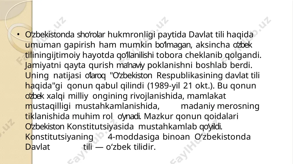 kabi bir qancha vazifalarni amalga oshirish belgilandi. bu hujjat yurtimizda tilimiz rivoji, uni saqlash va rivojlantirish yo‘lida amalga oshirilayotgan ishlarni yangi bosqichga olib chiqdi. va, guvohi bo‘lib turganimizdek, mamlakatimizda ushbu hujjatda ko‘zda tutilgan vazifalarni amalga tatbiq etish borasida sezilarli ishlar olib borilyapti. ma’lumotlarga ko‘ra, dunyoda 50 milliondan ziyod aholi o‘zbek tilida so‘zlashadi. bu ona tilimizning dunyodagi yirik tillardan biri ekanidan dalolat. bugungi kunda ona tilimiz siyosiy-huquqiy, ijtimoiy-iqtisodiy, ma’naviy-ma’rifiy jabhalarda faol qo‘llanilib, jahon minbarlarida baralla yangramoqda. prezidentimizning bmt bosh assambleyasining 75-sessiyasida o‘zbek tilida nutq so‘zlashi esa tilimizning jahon miqyosidagi nufuzini yana bir bor mustahkamladi. o‘zbekiston respublikasining “davlat tili haqida”gi qonunida belgilab qo‘yilgan muhim vazifalar o‘zini shu mamlakat fuqarosiman deb bilgan inson uchun o‘zbek tilini bilishi qanchalar zarur ekanligini yaqqol ko‘rsatib turibdi. o‘zbekiston respublikasi prezidentining “o‘zbek tilining davlat tili sifatidagi nufuzi va mavqeini tubdan oshirish chora-tadbirlari to‘g‘risida” 2020 yil 21 oktyabrdagi farmoni 31 yil oldin qabul qilingan qonunda ta’kidlanganlarni unutganlar yoki bu …