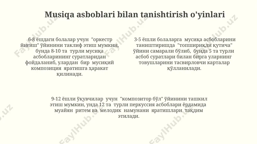 аси ва ритм туйғусини шакллантиради. 7-9 ёшли болалар учун импровизациявий мусиқа ўйинлари, масалан, берган мавзу асосида мусиқа яратиш, мусиқий вокал ва ҳаракатни бирлаштириш орқали ижодий тафаккурни ва мустақил ижодий фаолиятни ривожлантириш самаралидир. 4-6 ёшли болаларда турли хил мусиқа асбоблари (уруғчи, қўнғироқча) билан таништириш орқали товушларни фарқлаш ва уларни мусиқий композициялар яратишда қўллаш малакаларини шакллантиришга эришиш мумкин. ovoz chiqarish va tovushlarni taqlid qilish o'yinlari 3-7 ёшли болаларда овоз чиқариш орқали ҳайвонлар, табиат овозларини (шамол, ёмғир) тақлид қилиш орқали фонематик эшитиш ва нутқ ривожланишини яхшилаш мумкин. овоз баландлиги ва тембрини ўзгартириш орқали (масалан, пичирлаб гапириш, бақириш) 8-12 ёшли болаларда эмоционал ифода воситаларини бойитиш ва ижодий фикрлашни ривожлантиришга эришилади. турли хил товушларни (мусиқа асбоблари, таққиллашлар) биргаликда қўллаш орқали 13-16 ёшли ўсмирларда импровизация ва ритм туйғусини шакллантириш, 5-7 та ритмик ва овозли комбинацияларни яратишга ўргатиш мумкин. musiqiy kompozitsiya o'yinlari 13-15 yoshdagi o'spirinlar musiqiy kompozitsiya o'yinlarida 12 tadan ortiq notani ishlatib, tembr, dinamik va tekstura …