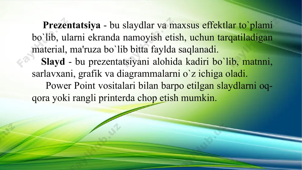qilish va keyin ularni tahrirlash mumkin. google drive-ga internet orqali quyidagi url manzil orqali kirasiz: https://drive.google.com yangi slayd bilan ishlash oynasi libreoffice impres impress – libre office taqdimot dasturi. bu sizga turli xil elementlarni o'z ichiga olgan slaydlar, shu jumladan matn, markalangan va raqamlangan ro'yxatlar, jadvallar, diagrammalar va rasmlar, rasmlar va fotosuratlar kabi turli xil grafikalarni yaratishga imkon beradi. impress shuningdek, prezentatsiyalar yaratish uchun foydalaniladi. asosiysi impress oynasida uchta maydon mavjud (chapdan o'ngga): slayd paneli, ish maydoni va yon panel. bundan tashqari, taqdimotni yaratishda bir nechta asboblar paneli ko'rsatilishi yoki yashirilishi mumkin. impres oynasi libreoffice impress dastur oynasi powerpoint keynote google slides tegishli dasturlar microsoft office 365 qismi iwork ni bir qismi google drive ofis paketining bir qismi eksport qilinadigan fayl turlari office powerpoint formatlariga qo'shimcha ravishda .pdf, .xps, .mp4, .wmv, .odp, .gif, .jpg, .png, .gif, .bmp, .tif, .wmf, .emf va .rtf kiradi .pdf, turli xil powerpoint fayllari, quicktime, html, …