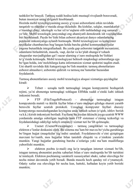 arining o‘sishi, mintaqadagi aholi soni, mintaqadagi o‘rtacha ish haqi, mintaqadagi korxonalar soni va sh.k.) omillarga bog‘liq. mobil texnologiyasi muhitida innovatsiya jarayoni juda yuqori sur’atlar bilan o‘sayotgani odatiy holga aylanib bormoqda. ayniqsa, bu internet global tarmog‘i uchun xarakterlidir. hozir internet nafaqat behisob hajmdagi axborotga ega bo‘lgan global kompyuter tarmog‘i hisoblanishi bilan birga behisob odamlar uchun prinsipial yangi muloqot qilish muhitiga aylanib bormoqda. internet gorizontal usul deb atalishi mumkin bo‘lgan yangi insoniy muloqot usulini kashf etmoqda. u paydo bo‘lgunga qadar muloqot va axborot tarqalishi, asosan, vertikal tarzda bo‘lgan. masalan, muallif kitob yozadi, o‘quvchilar uni o‘qiydi, radio va televidenie eshittirish va ko‘rsatuv uzatadi – tomoshabin va tinglovchilar uni ko‘radi va tinglaydi, gazeta yangiliklar nashr qiladi – obunachilar uni o‘qiydi va h.k. unga talab juda yuqori bo‘lsada, teskari aloqa umuman yo‘q edi. gazetalarga yuboriladigan xatlar, radio va teleko‘rsatuvlardagi talab va mulohazalar yuqoridagi fikrimizga guvohlik berib turibdi. konkret bir kitob o‘quvchilari o‘rtasida, konkret uzatuv tinglovchilari …
