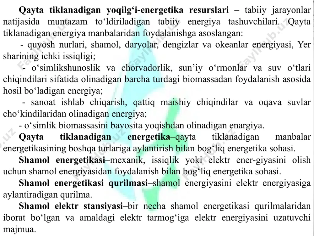 : masalan, qoraqalpog‘iston parranda fabrikasida o‘rnatilgan shamol qurilmasi, toshkent viloyatidagi chorvoq suv ombori yaqinidagi teleradio stansiyasi uchun gibrid tajriba quyosh-shamol qurilmasi buning dalilidir. shamol energiyasini quyidagi energiya turlariga aylantirish mumkin: kinetik-elkanli kemalar harakati uchun (o'tmishda) mexanik–suv quyish va donni maydalash uchun (eskirgan usullar) elektr energiyasi-elektr energiyasini ishlab chiqarish uchun. shamol energiyasi tarixi va rivojlanishi shamol energiyasining tarixi yuzlab yillar oldin odamlar ekinlarni sug'orish va donni unga aylantirish uchun suvni pompalash uchun shamol tegirmonlarini qurishni boshlaganlarida boshlanadi. arxeologlarning ta'kidlashicha, birinchi shamol tegirmonlari yaqin sharqda ix asrda hozirgi afg'oniston va eron chegaralarida qurilgan. bular vertikal yo'naltirilgan parraklar, vertikal vallar va to'rtburchaklar parraklar bo'lgan tegirmonlar edi, ular ustiga zich mato cho'zilgan. bunday tegirmonlarning vazifasi donni maydalash va suvni pompalamak edi. olimlar yaqin sharq va markaziy osiyoda, xitoy va hindistonda shamol energiyasidan foydalanishning yangi dalillarini topdilar. zamonaviy evropa hududida shamol tegirmonlari ancha keyin paydo bo'lgan: 12-asr atrofida gorizontal o'qi bo'lgan "yevropa versiyasi" vertikal bilan …