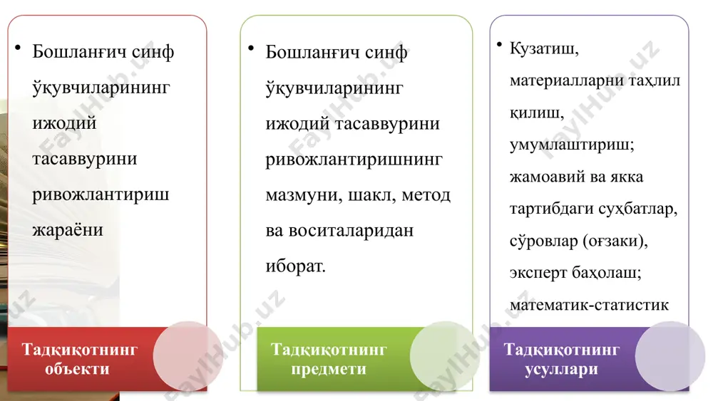 р ҳам киради. ўқитувчи чизган расм талабаларнинг билимларини ўзлаштириш жараёнини осонлаштиради ҳамда уларнинг ижодий фикрлаш қобилиятларини кенгайтиради. ижодий жараён ўқувчиларнинг ўзлаштиришига салбий таъсир этувчи омиллар субъектив омиллар ўқувчининг лоқайдлиги. 2. нуқсоний камчилиги борлиги. 3. эркатойлиги. 4. ўғил ёки қизлиги (гендер). 5. тайёр ёки тайёр эмаслиги. объектив омиллар 1. ўқитувчи томонидан барча ўқувчиларни жалб қила олмаслиги. 2. синфларда ўқувчилар сонининг кўплиги ва улар билан алоҳида шуғулланиш учун вақтнинг етишмаслиги. 3. ўқитувчининг рағбатлантириши ёки камситиши. 4. мавзуни англаб етишлари учун кўргазмаларнинг етишмаслиги. 5. ўқитувчи ва ота-оналар томонидан боланинг қизиқишлари инобатга олинмаслиги. 6. синф жамоасида ўқувчига тан олиниш имкониятининг мавжудлиги ёки мавжуд эмаслиги. 7. ижодий топшириқларнинг берилиши ёки берилмаслиги. 8. ёшга оид топшириқларнинг берилиши ёки мураккаблиги. 9. айнан ижодий тасаввурни ривожлантирувчи манбаанинг мавжуд эмаслиги. бошланғич синф ўқувчиларининг ижодий тасаввурини ривожлантириш жараёнида ўқув-методик воситаларни қўллаш бўйича методик тизим чизмаси мақсад: савод ўргатиш даврида ижодий тасаввурни ривожлантириш “ўқувчи-ўқитувчи” ижодий тасаввурни ривожлантиришнинг ташкилий-педагогик шартларини аниқлаш ўқув-методик …