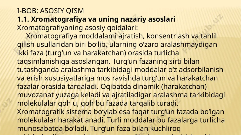 baholash. nazariy qism: na⁺ va ca²⁺ ionlari suvda eriydigan, kimyoviy jihatdan barqaror bo‘lgan, rangsiz kationlardir. ion almashinish xromatografiyasi yordamida bu ionlarni ajratish ularning ion zaryadi (monovalent va divalent) farqiga asoslanadi. ca²⁺ ioni ionit bilan kuchliroq bog‘lanadi, shu sababli ustunda ko‘proq ushlab turiladi va na⁺ ionidan keyin eluatsiyalanadi. bu xossalar asosida ajralish amalga oshiriladi. 2.7-rasm: jarayonning umumiy ko‘rinishi xulosa yupqa qavatli xromatografiya (yqx) – bu analitik kimyo va biologiya sohalarida keng qo‘llaniladigan samarali va soddaligi bilan ajralib turadigan ajratish metodidir. ushbu metod, asosan, moddalarning aralashmalarini ajratish uchun stationary (harakatlanmaydigan) faza va mobil (harakatlanuvchi) fazaning o‘zaro ta'siridan foydalanadi. yqxda stationary faza sifatida yupqa silika yoki alüminiy oksidi qatlamlari ishlatiladi, mobil faza esa suyuqlik yoki gaz bo‘lib, aralashmaning turli komponentlarini ajratish jarayonini amalga oshiradi. xromatografiya metodlari, shu jumladan yqx, kimyoviy va biologik tahlillarda, shu jumladan aralashmalarni ajratish, tahlil qilish va to‘g‘ri aniqlik bilan o‘lchovlar olishda muhim rol o‘ynaydi. yqxning asosiy afzalligi uning yuqori …
