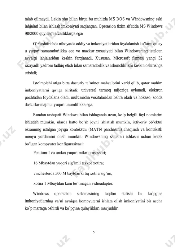 juddir. 6 1 windows operatsion sistemasining imkoniyatlari va qulayliklari. windows muhitida ishlash natijasida foydalanuvchi ko’pgina qulayliklarga ega bo’ladi. bunda fayl va kataloglarning nusxasini olish, ko’chirish, qayta nomlash, o’chirish va hakozo amallar tezda va yakkol bajariladi. shu bilan birga bir paytning uzida bir necha kataloglar bilan ishlash ikoniyatiga ega. bu dastur bir paytning o’zida bir necha masalalarni yechish, ixtiyoriy printer va displey (adapter) bilan ishlash, ms dos dasturlari bilan ishlash qobiliyatiga ega. yagona interfeysga, ya’ni windows turli versiyalari dastur ilovalari bilan ishlashning standart qoidalariga egaligi muhimdir. hozirgi kunda windows millionlab foydalanuvchilar e’tiborini o’ziga jalb etmoqda. microsoft firmasi windowsni takomillashtirish borasida doimo ishlamoqda. shu bilan birga turli dastur ilovalarining yaratilishi windowsning imkoniyatlarini yanada oshirmoqda. bu microsoft word, page maker, excel, 7 coreldraw va hakozolardir. windowsning imkoniyatlari. windows operatsion muhiti quyidagi imkoniyatlarga ega: • universal grafika - windows dasturlarining qurilmalarga va dastur ta’minotga bog’liqsizligini ta’minlaydi. • yagona interfeys - windowsda foylalanuvchining muloqoti yagona, …