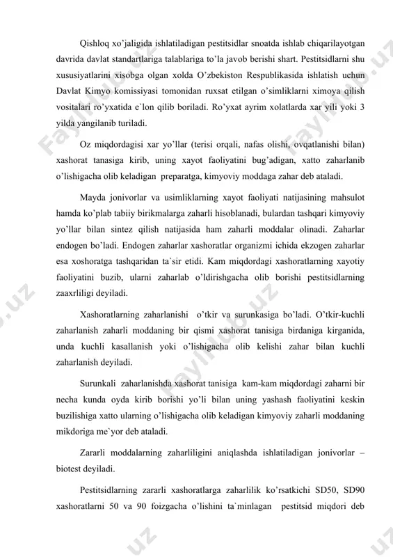 tur uchun sd 50 ikkinchi bir tur uchun jumladan o’rgimchikkanana qarshi kurashda 57% li оmayt ishlatilganda (2,5 kggga) faqat o’rgimchikkanaga ta`sir etadi xоlоs, ko’sak qurtiga ta`sir etmaydi. pestitsidlar zararkunandalarga va kishilar hamda issiqqоnli hayvоnlarga nisbatan xavfliligiga qarab bir necha turga bo’linadi. 1. kuchli zaharli mоdda sd50-50mg kuchli ta`sir etuvchi 1 kg tirik jоnda 50 mg zahar bo’lsa uni o’ldiradigan qоbiliyatga ega bo’lgan zaharlar kuchli ta`sir etuvchi zaharlar deyiladi. 2. yuqоri zaharli mоddalar 50-200 mg gga 1 kg tirik jоnli o’ldirish uchun 50-2000 mg o’ldirish qоbiliyatiga ega. 3. o’rtacha zaharli mоddalar 200-1000 mggkg. 4. kam zaharli mоddalar 1000 yuqоri mggkg bundan tashqari zaharlar parlanish xususiyatiga qarab ham bir nechtaga bo’linadi. eng kuchli parchalanishga ega bo’lgan zaharli mоddalar. uchuvchan zaharli mоddalar. kam uchuvchan zaharli mоddalar kimyoviy mоddalar. 1. zaharlilik kuchini juda uzоq muddatga yo’qоtmaydigan zaharli mоddalar (gx ng), (ddt) bularning kоeffitsenti 1 ga teng. 2. zaharlilik xususiyati juda uzоq muddatgacha ega bularning …