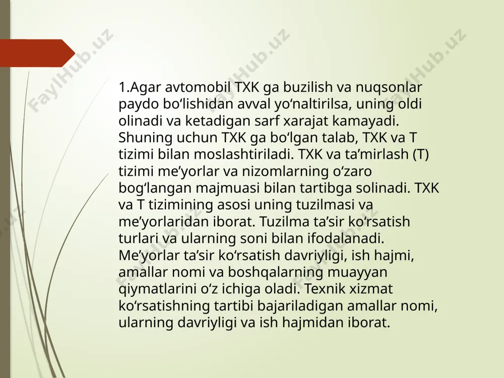 katta ahamiyatga ega boʻladi. bu, elektrik tizimi, ochiq sovutma tizimi, davlat testlari, ishlab chiqarish sertifikatlari kabi talablarni oʻz ichiga oladi. ushbu talablarning batakori holatda oʻrnatilgan boʻlishi, oʻzbekiston va rossiya respublikalaridagi avtomobil servis markazlarida taʼmir ishlari sifatini taʼminlaydi. shunga qaramay, avtomobilni taʼmir kilish jarayonida yuqori sifat va ishonchli mutaxassislar bilan ishlashni tavsiya etaman. xulosa xulosa tariqasida xozirda respublikamizda ishlab chiqilayotgan avtomobimllarga zamonaviy park-garaj jihozlarini qo'llagan holda texnik xizmat ko'rsatish ishlari muntazam olib borilmoqda. shuningdek, turlicha transport vositalari uchun vaqt xarajatlari, taʼmir sohalari, qonunlar va boʻsh vaqt koʻtarinishlari va boshqalari. foydalanilgan adabiyotlar 1. o.salimov , j.kulmuhamedov “avtomobillarni tuzilishi, servis xizmat ko‘rsatish va ta’mirlash”, “ilm ziyo” 2.toshkent 2017 yil. 5. muhitdinov, j.qulmuhamedov “transport vositalarining tuzilishi”, “ta’lim nashriyoti” toshkent-2019 yil. 3. http://www.lee.de - avtomobillarga texnik xizmat ko‘rsatish to‘g‘risida. 4. http://www.bk-dtp.de - avtomobillarga texnik xizmat ko‘rsatish to‘g‘risida. 5. http://www.kfz-technik.de - avtomobillarga texnik xizmat ko‘rsatish to‘g‘risida. etiboringiz uchun rahmar image1.jpg image2.png