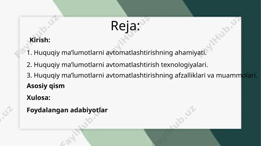 elektron bazalarga kirish tez va oson bo‘lib, foydalanuvchilar kerakli hujjatlarni bir necha soniya ichida topishlari mumkin. sun'iy intellekt (si) va mashina o‘rganish sun'iy intellekt va mashina o‘rganish texnologiyalari huquqiy ma'lumotlarni tahlil qilishda qo‘llaniladi. masalan, sun'iy intellekt huquqshunoslar uchun hujjatlarni avtomatik tahlil qilish, qonunchilikdagi o‘zgarishlarni kuzatish, sud qarorlarini tahlil qilish va yuridik xatolarni aniqlashda yordam beradi. si algoritmlari muayyan qonun yoki huquqiy masalalarni tezda aniqlash va tavsiyalar berish imkonini yaratadi. 3. huquqiy ma’lumotlarni avtomatlashtirishning afzalliklari va muammolari. afzalliklari: tezlik va samaradorlik avtomatlashtirish huquqiy jarayonlarni tezlashtiradi, hujjatlarni yaratish va tahlil qilishda vaqtni tejaydi. huquqiy ma'lumotlarni tezkor qidirish va ishlov berish imkoniyatlari mavjud bo‘ladi, bu esa yuridik firmalar, sudlar va davlat organlariga samarali xizmat ko‘rsatish imkoniyatini yaratadi. xatoliklarning kamayishi inson omiliga bog‘liq xatoliklar kamayadi, chunki huquqiy hujjatlar va ma'lumotlar avtomatik tarzda tizim orqali ishlov beriladi. shuningdek, huquqshunoslar va boshqa mutaxassislar uchun tahlil qilish jarayonlari yanada aniqroq va to‘g‘ri bo‘ladi. resurslarni tejash avtomatlashtirish yordamida …