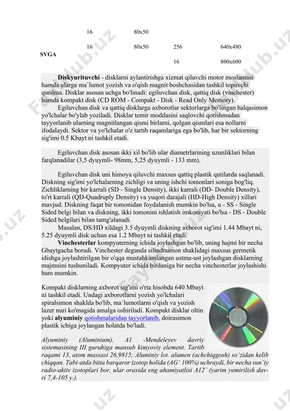 ritish - chiqarish qurilmalari. kompyuterga turli shakldagi axborotlarni kiritish yoki chiqarish uchun xizmat qiluvchi qurilmalarni ma`lumotlarni kiritish - chiqarish qurilmalari (mkchq) deb yuritiladi. ularni ba`zida maxalliy qurilmalar deb xam ataydilar. eng asosiy ma`lumotlarni kiritish - chiqarish qurilmalari, safiga monitor (displey), klaviatura va diskyurituvchi qurilmalari kiradi. kompyuterga turli shakldagi axborotlar kiritishning yo'llaridan biri klaviaturada joylashgan tugmalar ko'magida amalga oshiriladi. aniq bir tugmani yoki tugmalar birikmasini bosilishiga aynan mos ikkilik kodni kiritilishiga olib keladi, buning boisi shifrlovchi deb yuritiladigan - mikrosxema ma`lum bir tugma bosilishida hosil bo'ladigan signalni ikkilik kodga aylantirib beradi. monitor kompyuterning ish jarayonida vujudga keladigan axborotlarning zarur qismini ekranda yoritib berishni ta`minlaydi. monitor matn yoki grafik rejimda ishlaydi. matn rejimida ekran belgi o'rinlari deb yuritiluvchi alohida qismlarga bo'linadi. grafik rejimda ekran piksel deb ataluvchi nuqtalar to'plamidan tashkil topadi. ikkala rejimda ham belgi yoki pikselning ranglari, fonning rangi, ravshanligi va boshqa parametrlar xaqidagi ma`lumotlar videoxotirada saqlanadi. monitordagi piksellarning umumiy miqdori …