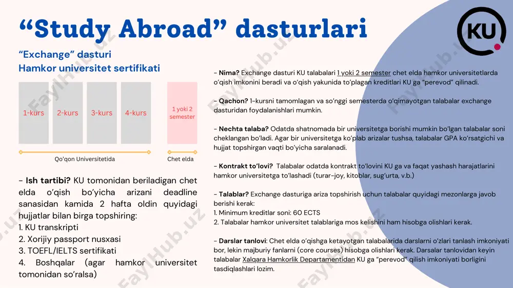 ozim. 3. talabalar hamkor universitet talablariga mos kelishini ham hisobga olishlari kerak. - ish tartibi? ku tomonidan beriladigan chet elda o’qish bo’yicha arizani deadline sanasidan kamida 2 hafta oldin quyidagi hujjatlar bilan birga topshiring: 1. ku transkripti 2. xorijiy passport nusxasi 3. toefl/ielts sertifikati 4. boshqalar (agar hamkor universitet tomonidan so’ralsa) “study abroad” dasturlari magistratura uchun grantlar 1-kurs 2-kurs 3-kurs 4-kurs qo’qon universitetida chet elda 1 yoki 2 yil daad (deutscher akademischer austauschdienst) scholarship program heinrich böll foundation scholarships daad stipendiyalari kunduzgi ta'lim yo'nalishi bo'yicha o’qishni davom ettirishni istagan talabalarga beriladi. abituriyentlar bakalavriatni oxirgi 6 yildan ko'p bo'lmagan muddatda tugatib, kamida ikki yillik tasdiqlangan ish tajribasiga ega bo'lishlari kerak. daad stipendiyasining miqdori aspirantura talabalari uchun har oy 850 € va doktorantura talabalari uchun har oy 1200 € ni tashkil etadi. talablar: letter of acceptance (o’qishga qabul qilingalik haqida guvohnoma); cv; letter of motivation; sohaga bog’liq bo’lgan boshqa hujjatlar. heinrich böll …
