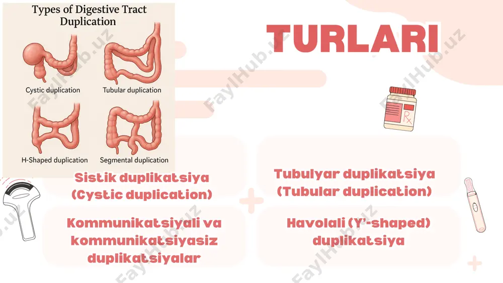 bilan ichaklarni ko‘rsatadi. endoskopiya – ba’zi holatlarda foydali. diagnostikadiagnostika asoratlarasoratlar ichak tutilishi ichakning burilishi (volvulus) yiringli infeksiya perforatsiya (teshilish) yosh o‘tgan sari – malign o‘zgarishlar (saraton xavfi) ichak tutilishi ichakning burilishi (volvulus) yiringli infeksiya perforatsiya (teshilish) yosh o‘tgan sari – malign o‘zgarishlar (saraton xavfi) jarrohlik – yagona samarali usul. duplikatsiya olib tashlanadi. 1. excisional resection (to‘liq olib tashlash) 2. segmentar rezeksiya va anastomoz 3. mukozektomiya (mukoza qatlamini olib tashlash) 4. marsupializatsiya sistik shaklda – faqat kist aniqlanib olib tashlanadi. tubulyar shaklda – ichakning bir qismini olib tashlashga to‘g‘ri keladi. laparoskopik yoki ochiq jarrohlik – holatga qarab tanlanadi. jarrohlik – yagona samarali usul. duplikatsiya olib tashlanadi. 1. excisional resection (to‘liq olib tashlash) 2. segmentar rezeksiya va anastomoz 3. mukozektomiya (mukoza qatlamini olib tashlash) 4. marsupializatsiya sistik shaklda – faqat kist aniqlanib olib tashlanadi. tubulyar shaklda – ichakning bir qismini olib tashlashga to‘g‘ri keladi. laparoskopik yoki ochiq jarrohlik – holatga qarab tanlanadi. …