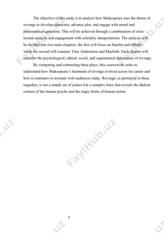 r internal moral codes with the compulsion to avenge a perceived wrong. through hamlet’s introspective delay and othello’s emotionally charged transformation, shakespeare demonstrates that the process of revenge is often more psychologically devastating than the wrong that instigated it. in hamlet, the psychological complexity of revenge is central to the drama. hamlet’s obligation to avenge his father’s murder is not met with decisive action but with deep internal conflict. the ghost of king hamlet charges his son with vengeance—“so art thou to revenge, when thou shalt hear” (1.5.7)—yet hamlet does not immediately act. instead, he embarks on a prolonged philosophical and ethical deliberation, questioning not only the morality of revenge but also the nature of existence itself. his famous soliloquy, “to be, or not to be” (3.1.56), reveals a mind paralyzed by indecision, contemplating suicide as a means of escape from the burdens of life and the expectations of vengeance. …