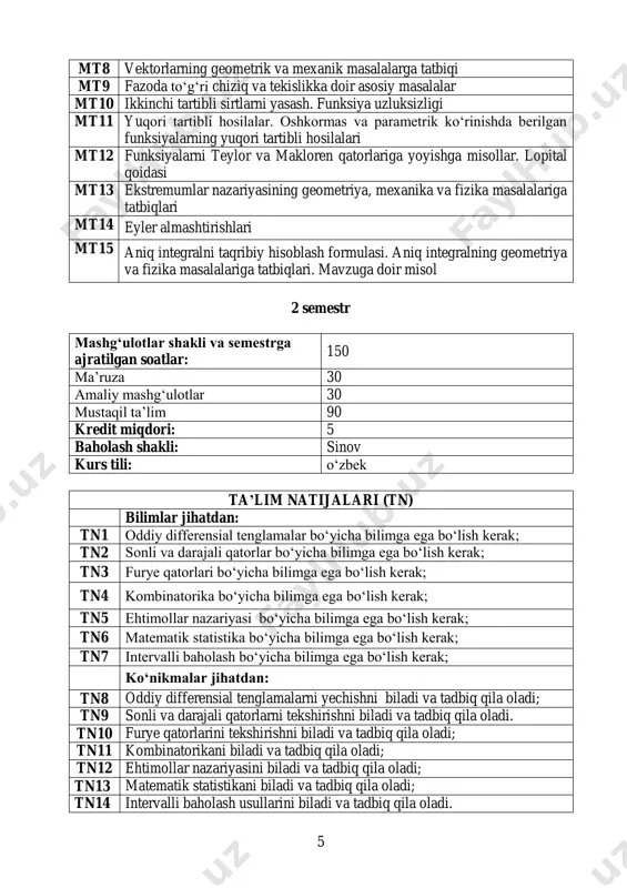 a o„tish mt4 dekart va qutb koordinatalari orasidagi bog„lanish mt5 koordinatalarni almashtirish. silindrik va sferik koordinatalar mt6 konussimon sirtlar. aylanish sirtlar. ikkinchi tartibli sirtlarga mashqlar mt7 egri chiziqlarning parametrik tenglamalari 5 mt8 vektorlarning geometrik va mexanik masalalarga tatbiqi mt9 fazoda to„g„ri chiziq va tekislikka doir asosiy masalalar mt10 ikkinchi tartibli sirtlarni yasash. funksiya uzluksizligi mt11 yuqori tartibli hosilalar. oshkormas va parametrik ko„rinishda berilgan funksiyalarning yuqori tartibli hosilalari mt12 funksiyalarni teylor va makloren qatorlariga yoyishga misollar. lopital qoidasi mt13 ekstremumlar nazariyasining geometriya, mexanika va fizika masalalariga tatbiqlari mt14 eyler almashtirishlari mt15 aniq integralni taqribiy hisoblash formulasi. aniq integralning geometriya va fizika masalalariga tatbiqlari. mavzuga doir misol 2 semestr mashg„ulotlar shakli va semestrga ajratilgan soatlar: 150 ma‟ruza 30 amaliy mashg„ulotlar 30 mustaqil ta‟lim 90 kredit miqdori: 5 baholash shakli: sinov kurs tili: o„zbek ta‟lim natijalari (tn) bilimlar jihatdan: tn1 oddiy differensial tenglamalar bo„yicha bilimga ega bo„lish kerak; tn2 sonli va darajali qatorlar …