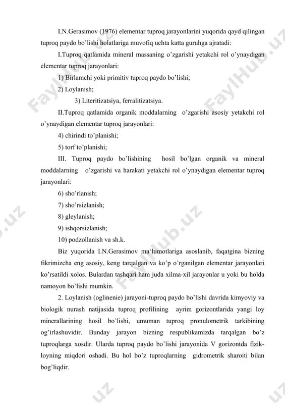 uhitda hosil bo’lgan joyiga to’planadi va kaolinit massasini qizilga bo’yaydi. 3. chirindi to’planishi jarayoni va torf hosil bo’lishi. organik qoldiqlarning tuproqda mikroorganizmlar, jonivorlar, suv va kislorod qatnashuvida o’zgarishi bilan bog’liqdir. chirindi hosil bo’lishi-dastlabki organik qoldiqlarning chirishi ikkilamchi shakldagi mikrob plazmalarining sintezi va ularning gumifikatsiyasi jarayonlarining yig’indisidir. chirindi manbai yuksak o’simliklar, mikrorganizmlar va hayvonlarning organic qoldiqlari bo’lganligi, shuningdek, geografik mintaqalarda chirindi hosil bo’lish sharoiti har xilligi tufayli, turli sharoitlarda tuproq paydo bo’lishi jarayonida chirindi miqdori har xil bo’ladi. torf hosil bo’lishi ortiqcha namli sharoitlarda o’simlik qoldiqlarining chirindiga aylanishi va mineralizatsiyasi sekinlashuvi natijasida, ularning yarim chirigan qoldiqlarining tuproq yuzasida to’planishidir. uni ortiqcha namlik anaerob sharoitni yuzaga keltirib chiqaradi. bunday sharoitda oksidlanish jarayonlarining shiddatliligi keskin kamayadi va organik qoldiqlar oxirigacha parchalanib ulgurmaydi. anaerobiozis sharoitida ularning chirishi kichik molekulasi organik kislotlar kabi oraliq mahsulotlarning paydo bo’lishiga olib keladi. ular,o’z navbatida mikroorganizmlarning hayot faoliyatini susaytiradi. natijada yildan-ilga to’la chirishga ulgurmagan organik qoldiqlar to’plana boradi va …